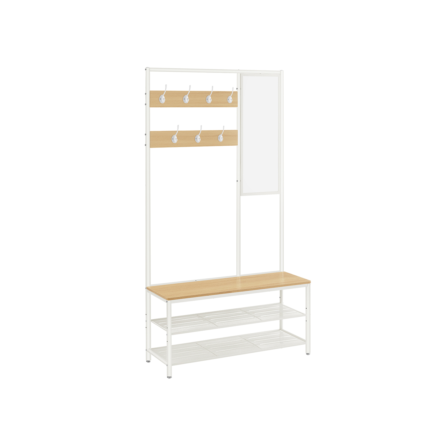 Garderobestativ med skoopbevaring, halltræ med spejl, kroge, bænk og skohylder, 35 x 98 x 180 cm, gang soveværelse entré, moderne stil, egetræsfarve og hvid HSR415W09