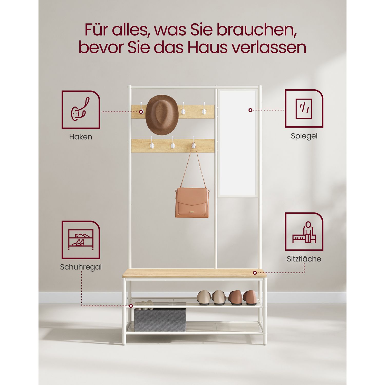 Garderobestativ med skoopbevaring, halltræ med spejl, kroge, bænk og skohylder, 35 x 98 x 180 cm, gang soveværelse entré, moderne stil, egetræsfarve og hvid HSR415W09 - Billede 3