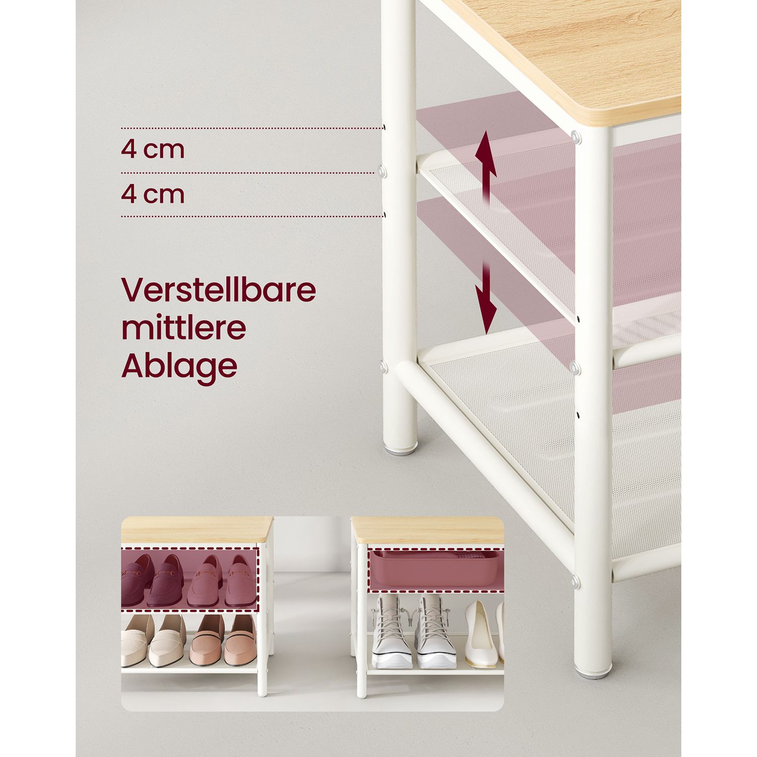 Garderobestativ med skoopbevaring, halltræ med spejl, kroge, bænk og skohylder, 35 x 98 x 180 cm, gang soveværelse entré, moderne stil, egetræsfarve og hvid HSR415W09 - Billede 6