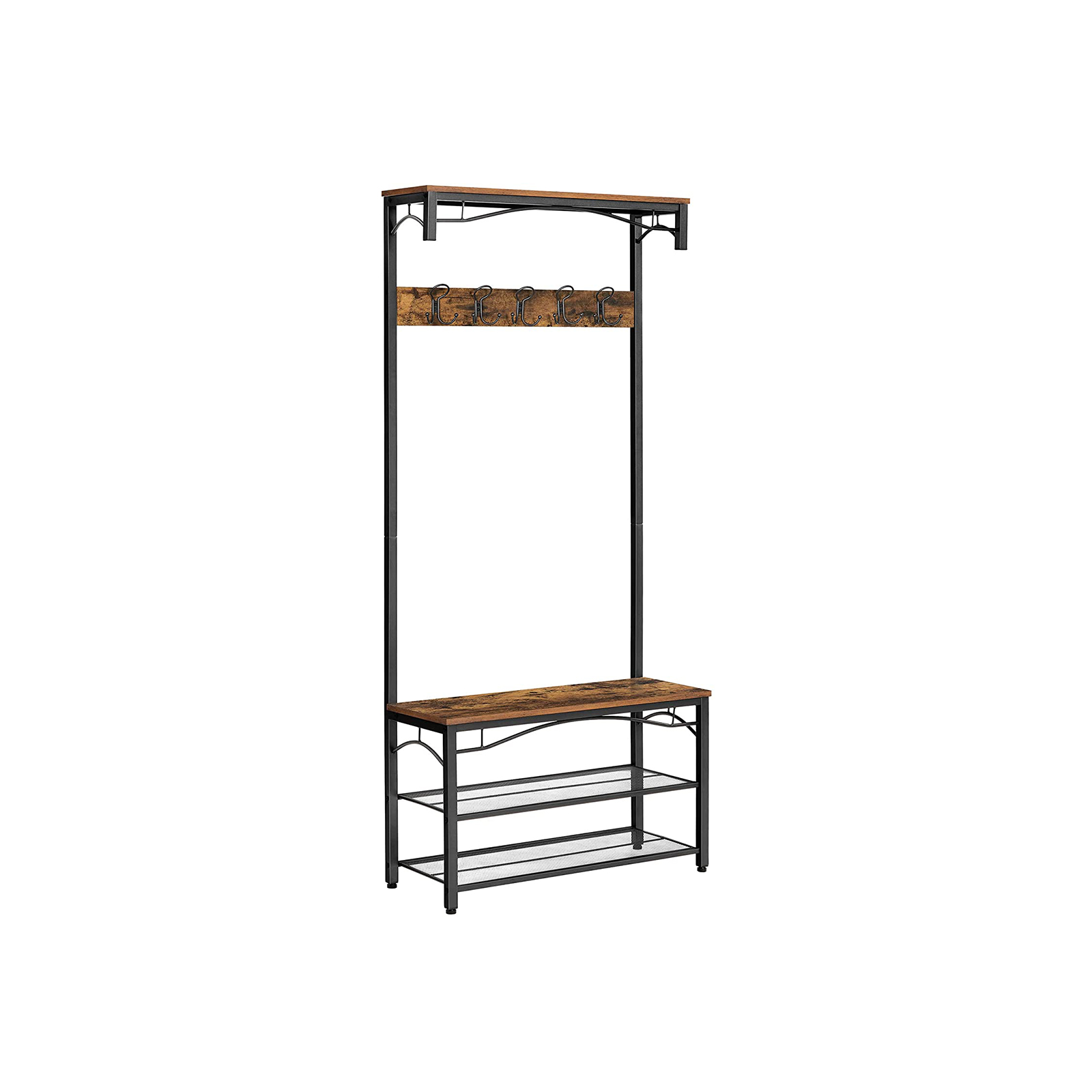 Vaateteline, teollinen takkipuu, eteisen kenkäteline ja penkki hyllyillä, eteispuu koukuilla, matta metallirunko, 80 x 32 x 178,5 cm (L x L x K)
