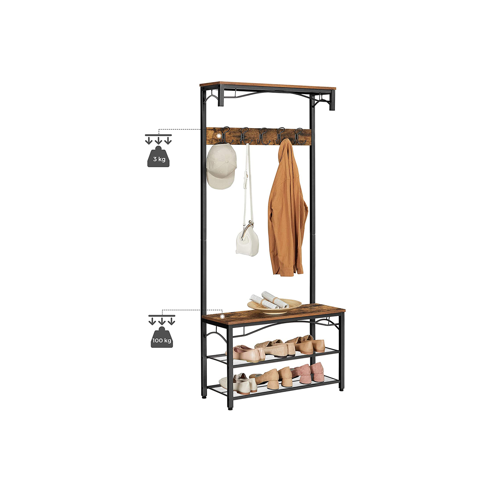 Vaateteline, teollinen takkipuu, eteisen kenkäteline ja penkki hyllyillä, eteispuu koukuilla, matta metallirunko, 80 x 32 x 178,5 cm (L x L x K) - Image 6