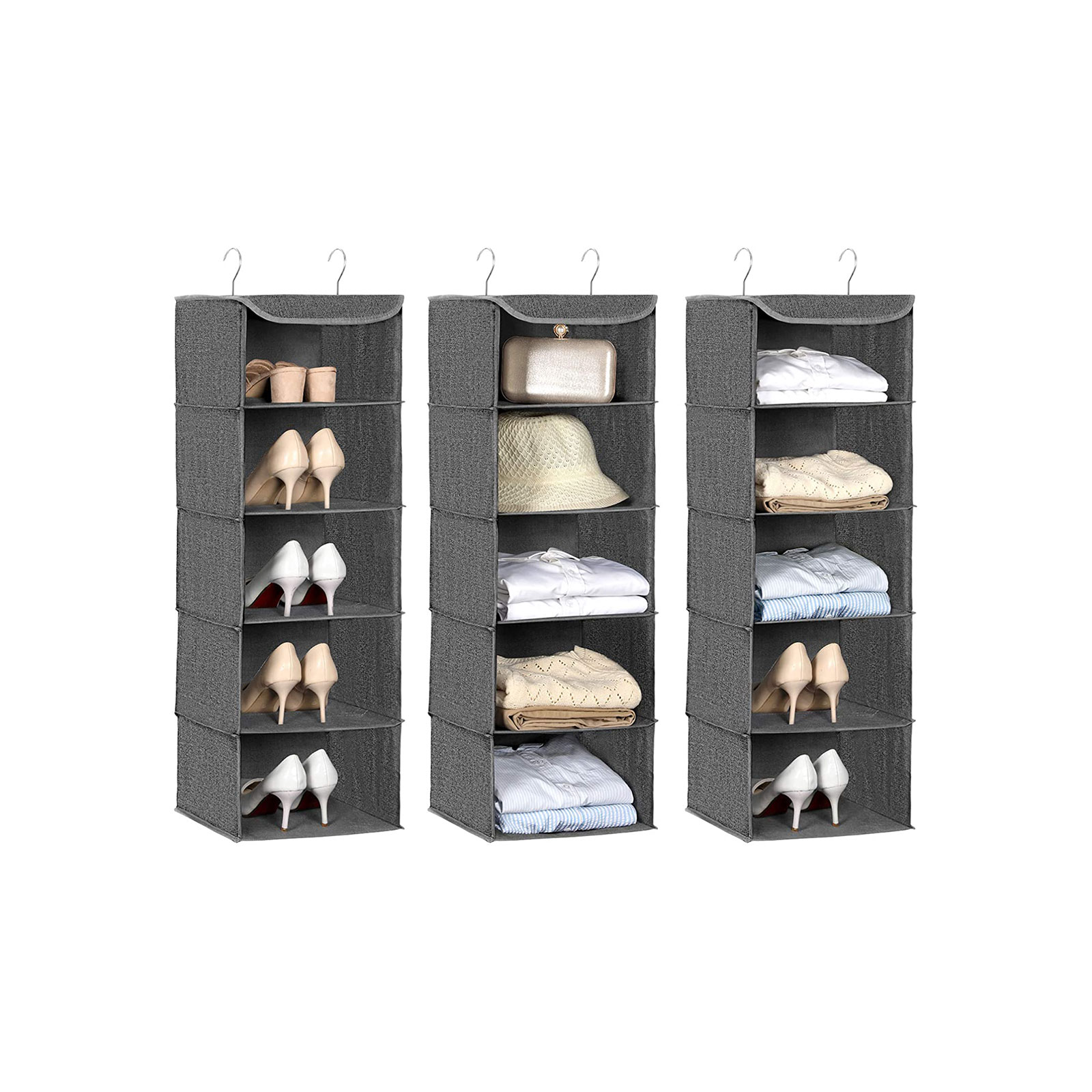 Hanging Storage Shelves, Wardrobe Clothes Organiser, Space Saving and Foldable, Metal Hooks and Bamboo Inserts, Linen Pattern, Grey RYCH06G - Bilde 2