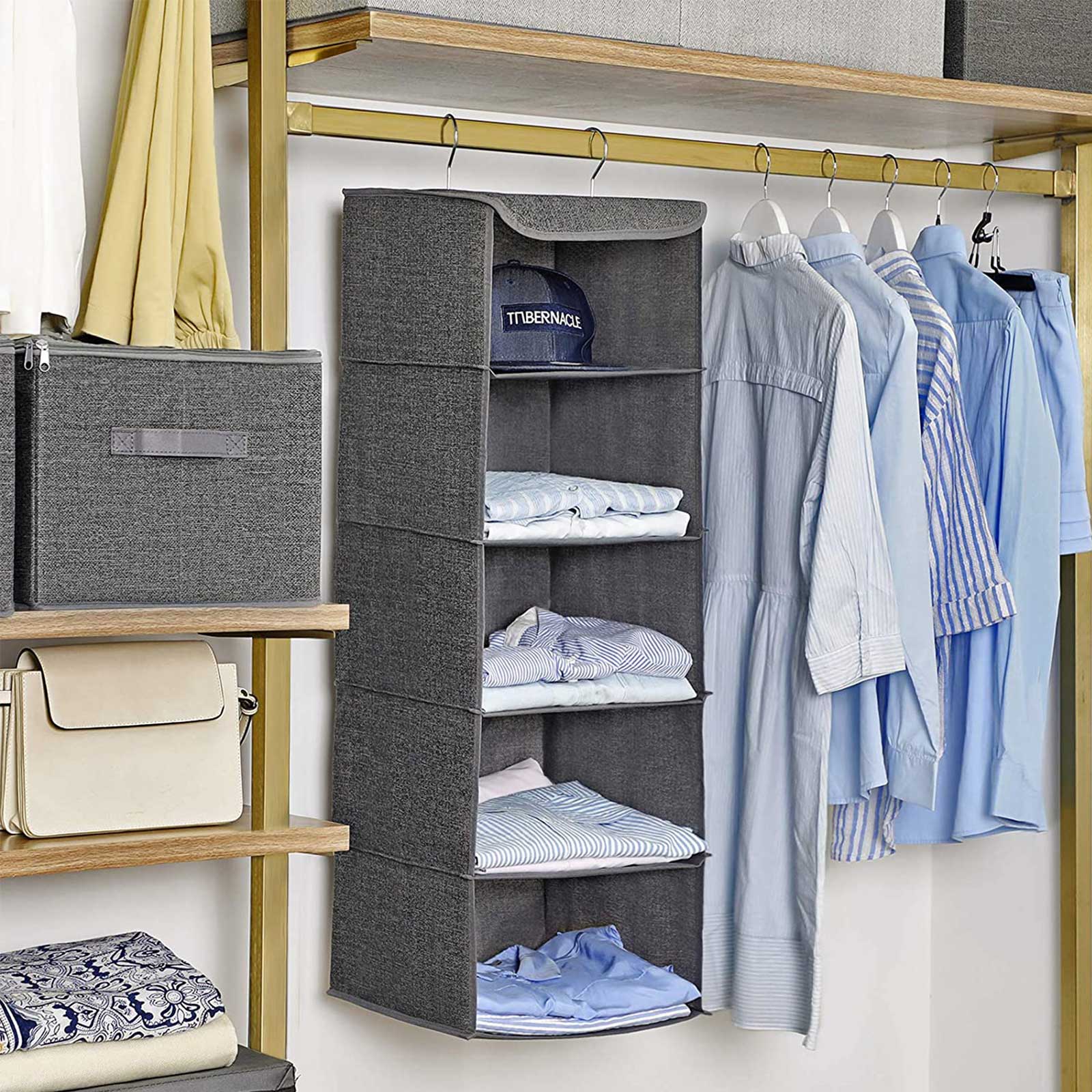 Hanging Storage Shelves, Wardrobe Clothes Organiser, Space Saving and Foldable, Metal Hooks and Bamboo Inserts, Linen Pattern, Grey RYCH06G - Bilde 3