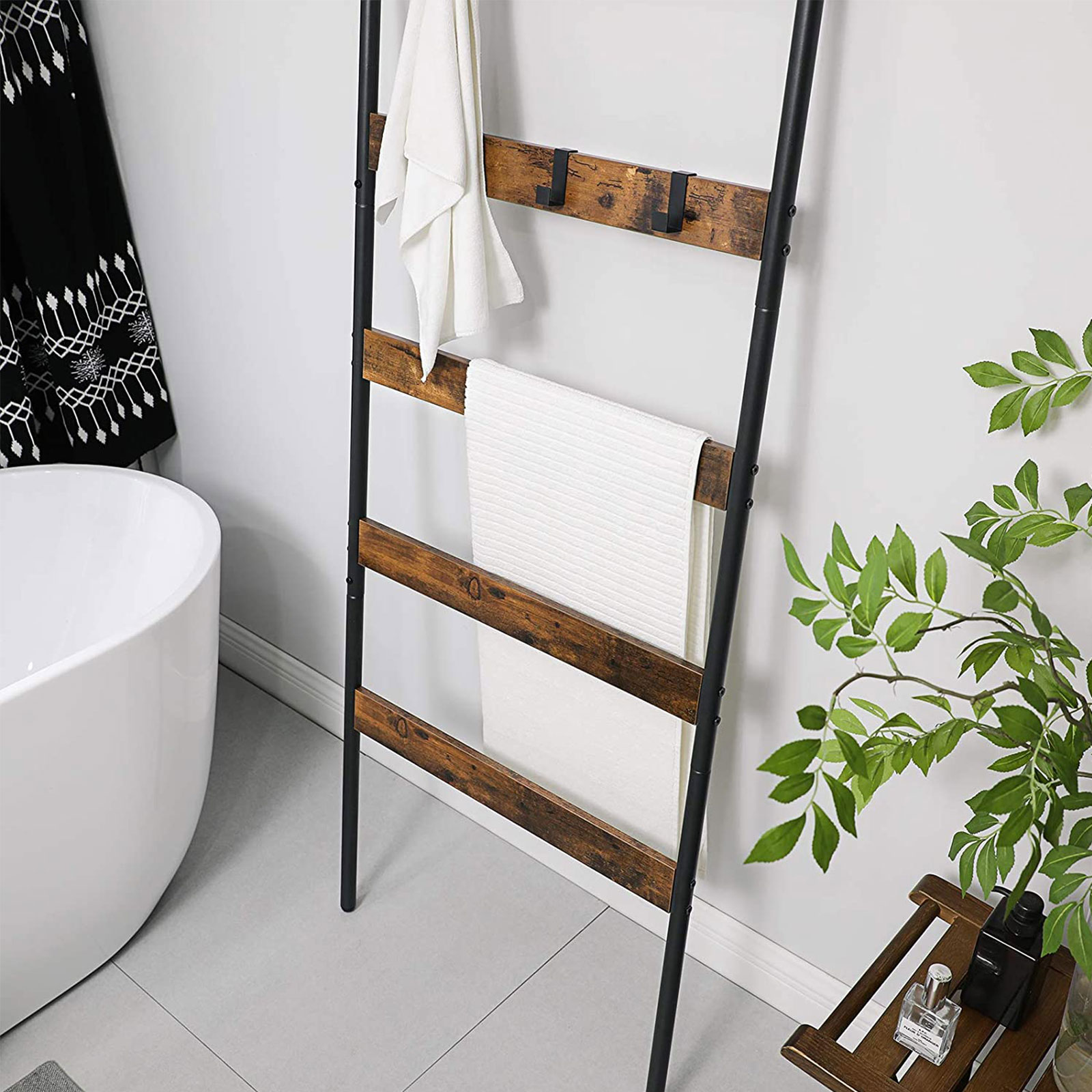 Blanket Ladder, Leaning Ladder Shelf, 5-Tier Towel Rack, 65 cm Wide, Steel Frame, for Blankets, Towels, Scarves, Industrial Style, Rustic Brown and Black LLS011B01 - Image 5