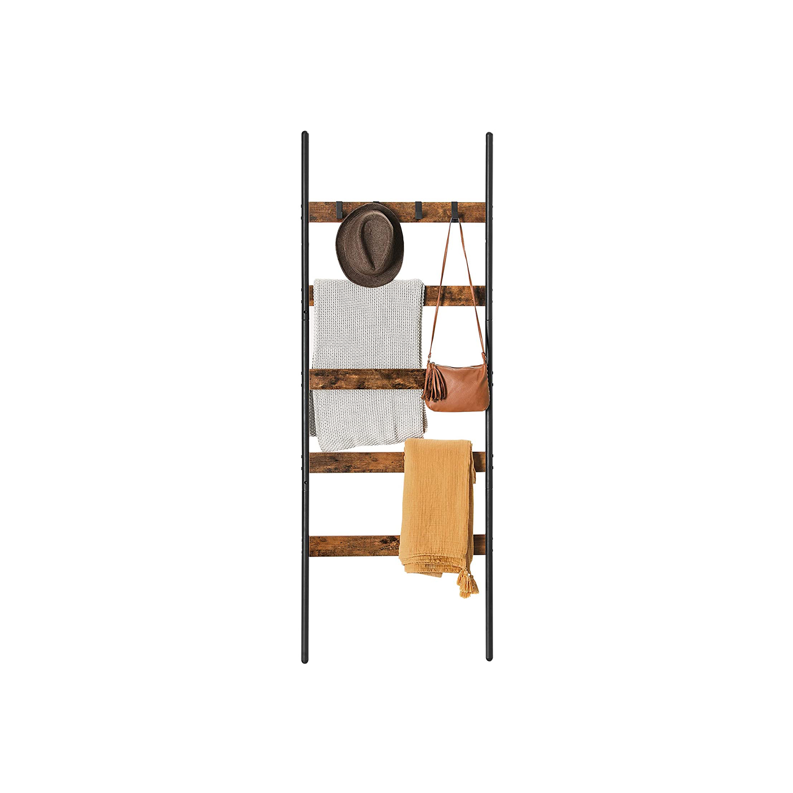 Blanket Ladder, Leaning Ladder Shelf, 5-Tier Towel Rack, 65 cm Wide, Steel Frame, for Blankets, Towels, Scarves, Industrial Style, Rustic Brown and Black LLS011B01 - Image 2