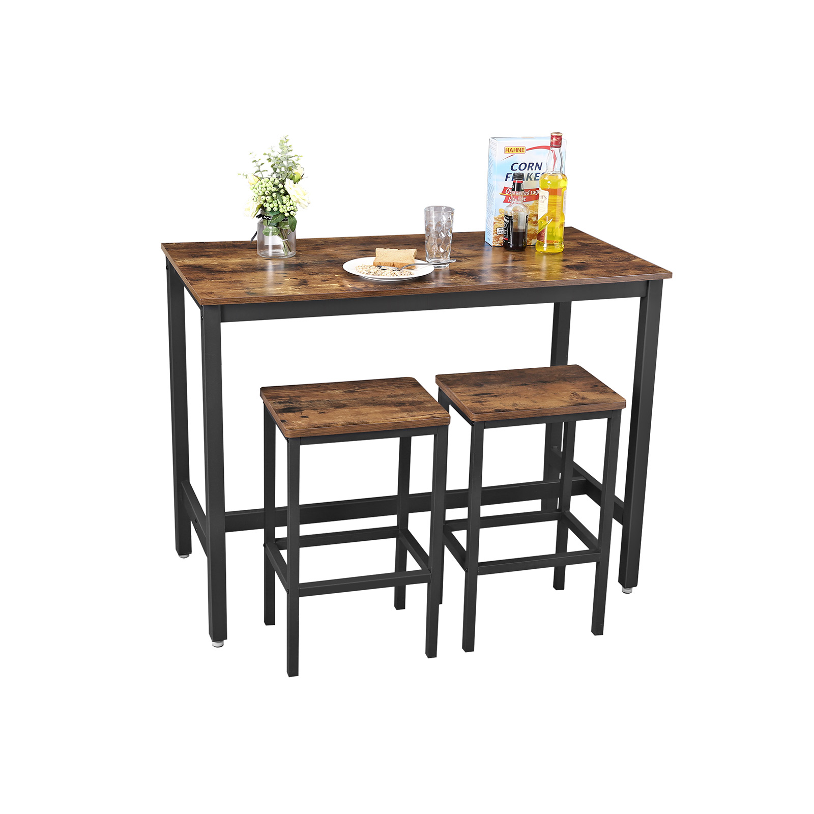 Dining Table Set, Bar Table with 2 Bar Stools, Breakfast Dining Table and Stools Set, Kitchen Counter with Bar Dining Chairs, for Kitchen, Living Room, Dining Room, Rustic Brown LBT15X - Image 2
