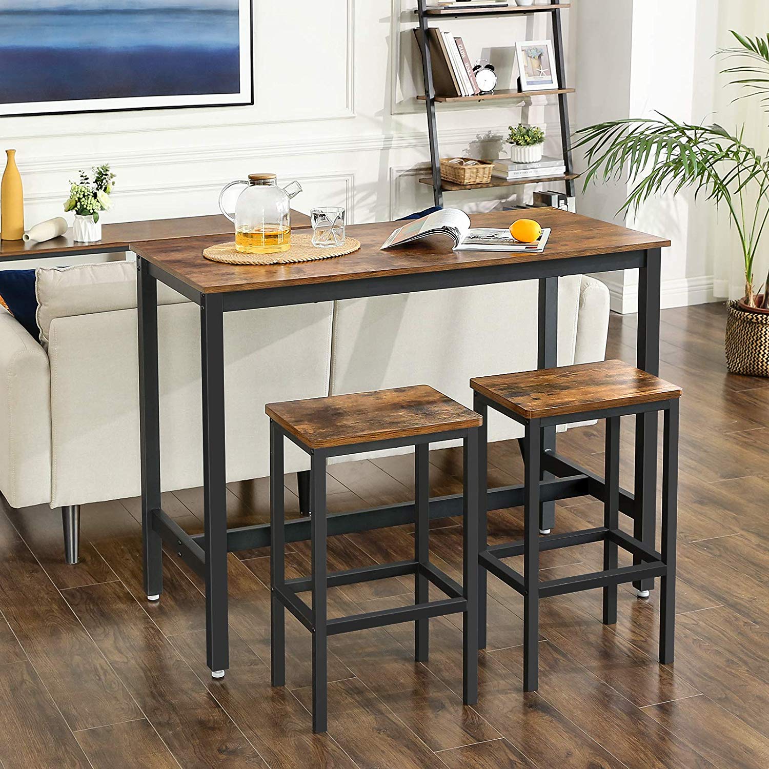 Dining Table Set, Bar Table with 2 Bar Stools, Breakfast Dining Table and Stools Set, Kitchen Counter with Bar Dining Chairs, for Kitchen, Living Room, Dining Room, Rustic Brown LBT15X - Image 3