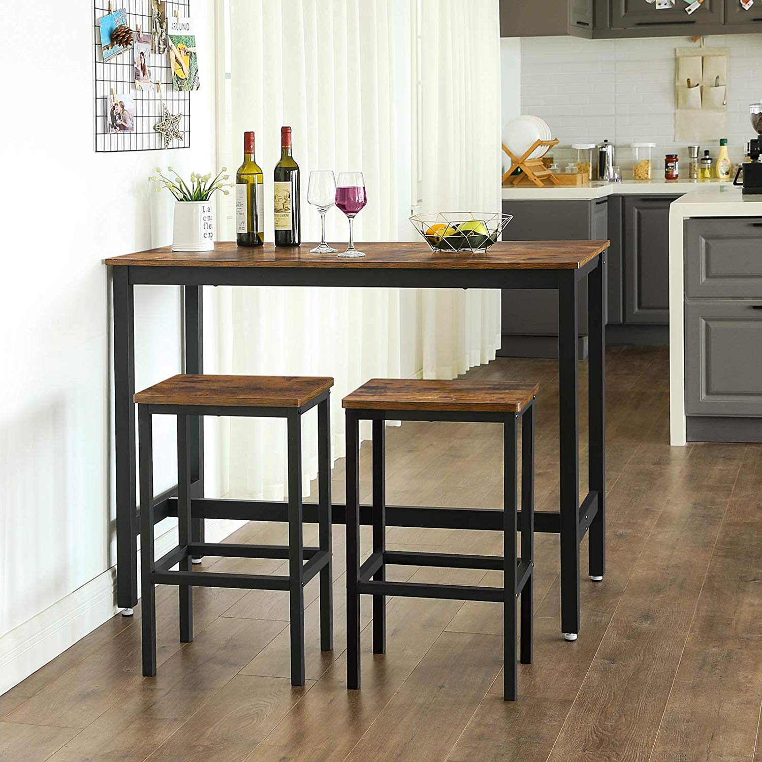 Dining Table Set, Bar Table with 2 Bar Stools, Breakfast Dining Table and Stools Set, Kitchen Counter with Bar Dining Chairs, for Kitchen, Living Room, Dining Room, Rustic Brown LBT15X - Image 4