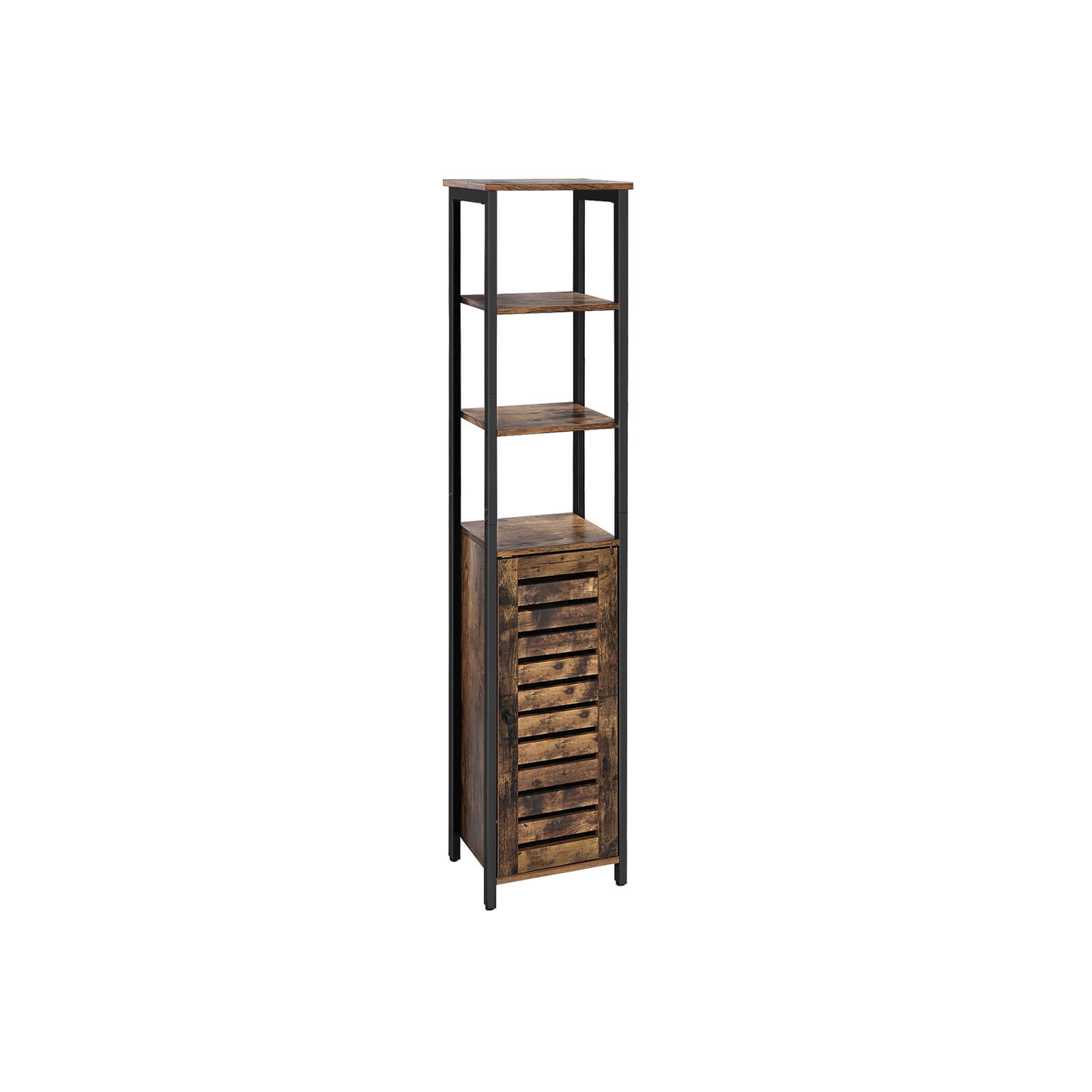 Industrial Floor Standing Shelf, Narrow Bathroom Cabinet with 3 Shelves and Cupboard, Tall, Multipurpose in the Living Room, 37 x 30 x 167 cm, Rustic Brown