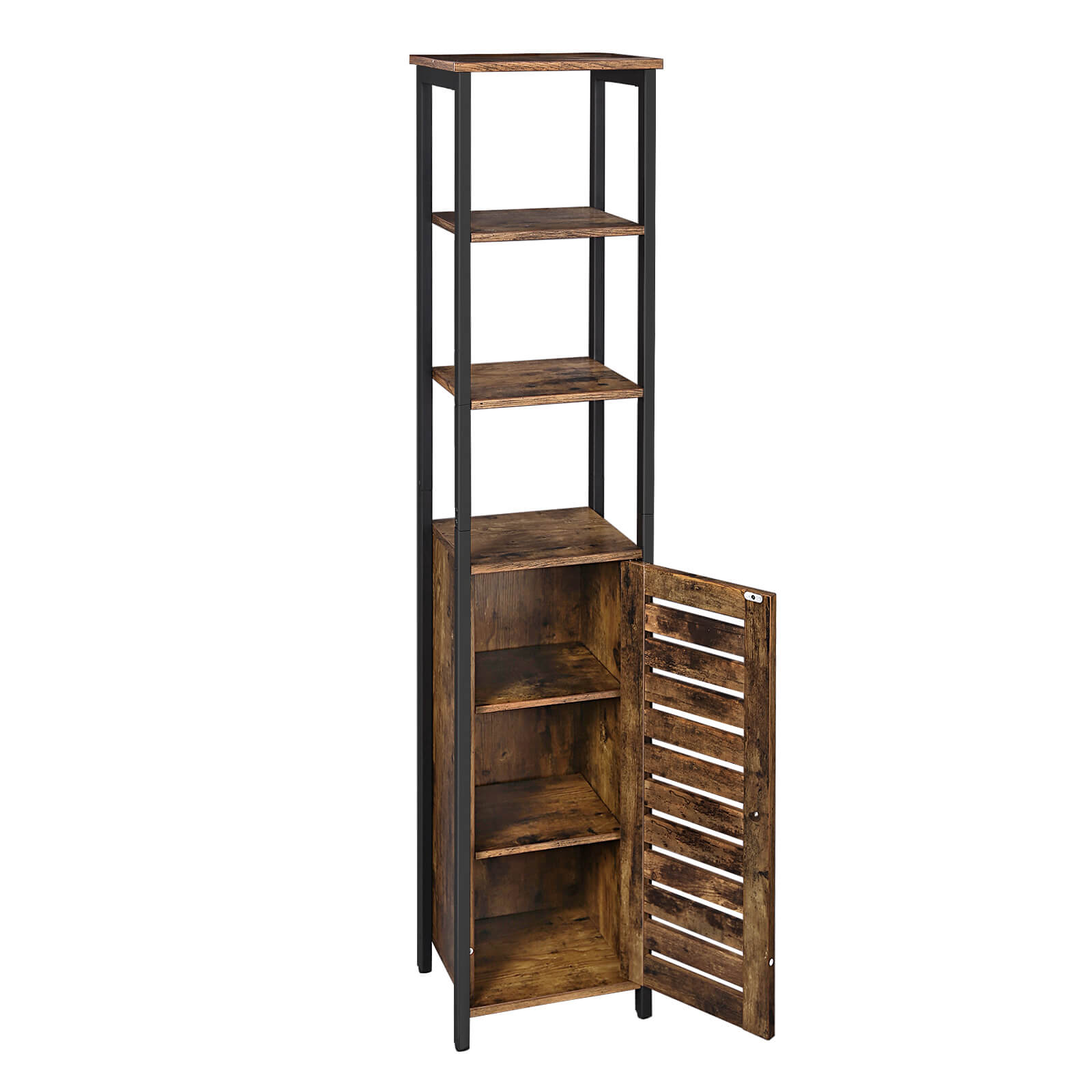 Industrial Floor Standing Shelf, Narrow Bathroom Cabinet with 3 Shelves and Cupboard, Tall, Multipurpose in the Living Room, 37 x 30 x 167 cm, Rustic Brown - Image 2