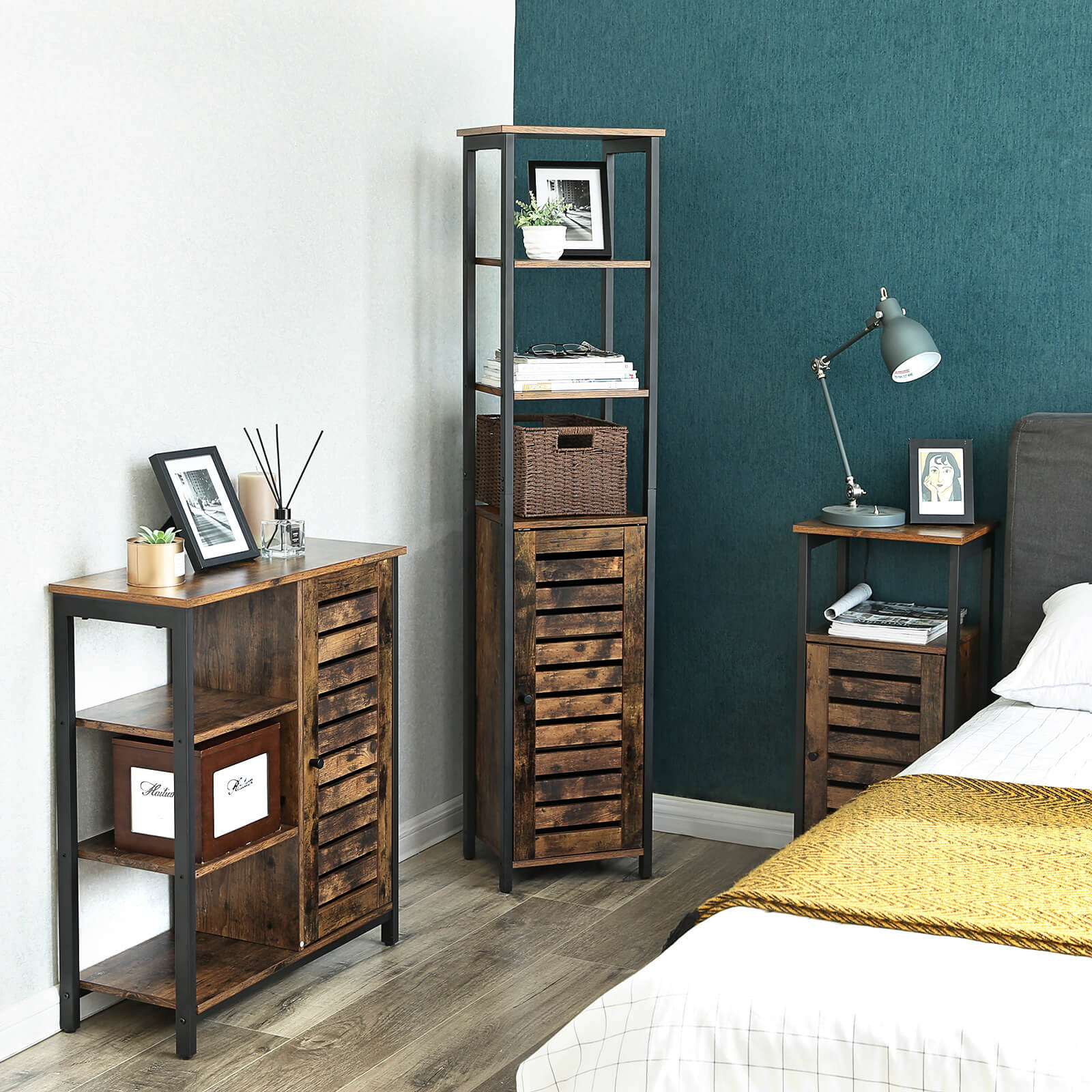 Industrial Floor Standing Shelf, Narrow Bathroom Cabinet with 3 Shelves and Cupboard, Tall, Multipurpose in the Living Room, 37 x 30 x 167 cm, Rustic Brown - Image 4
