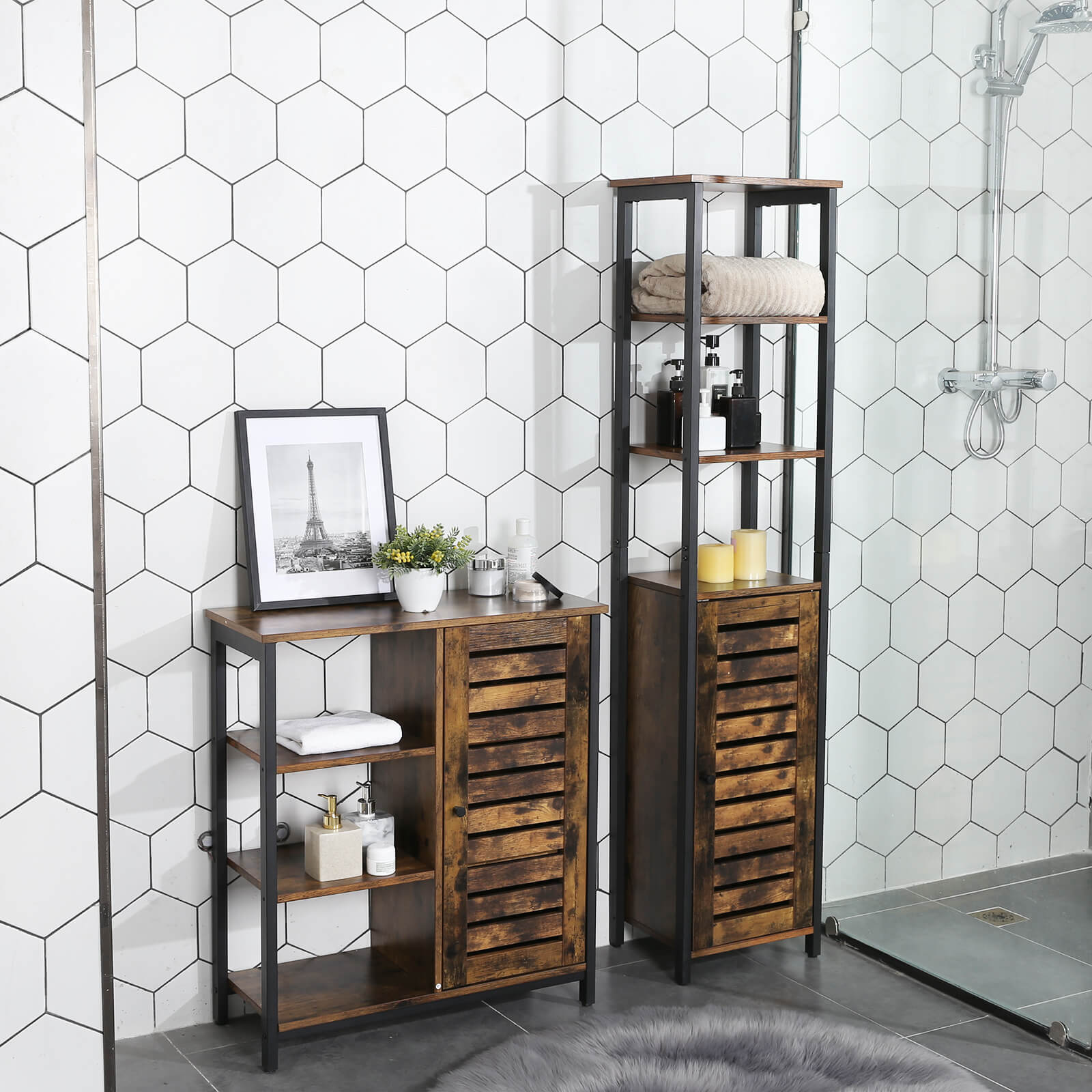 Industrial Floor Standing Shelf, Narrow Bathroom Cabinet with 3 Shelves and Cupboard, Tall, Multipurpose in the Living Room, 37 x 30 x 167 cm, Rustic Brown - Image 5
