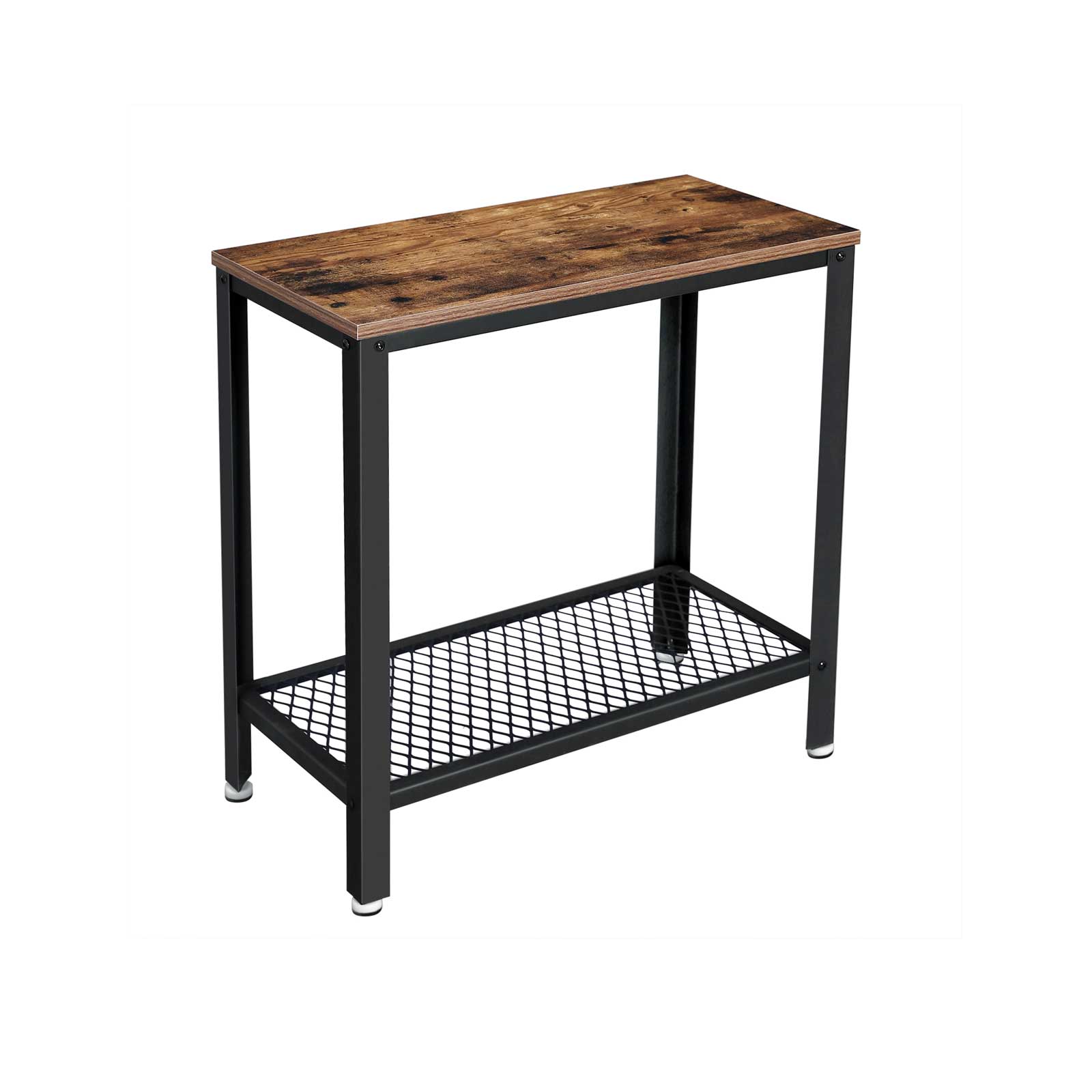 Industrielt sidebord, endebord, nattbord med nettinghylle, enkel montering, smalt og plassbesparende i stue, soverom, stål, 60 x 30 x 60 cm, rustikk brun