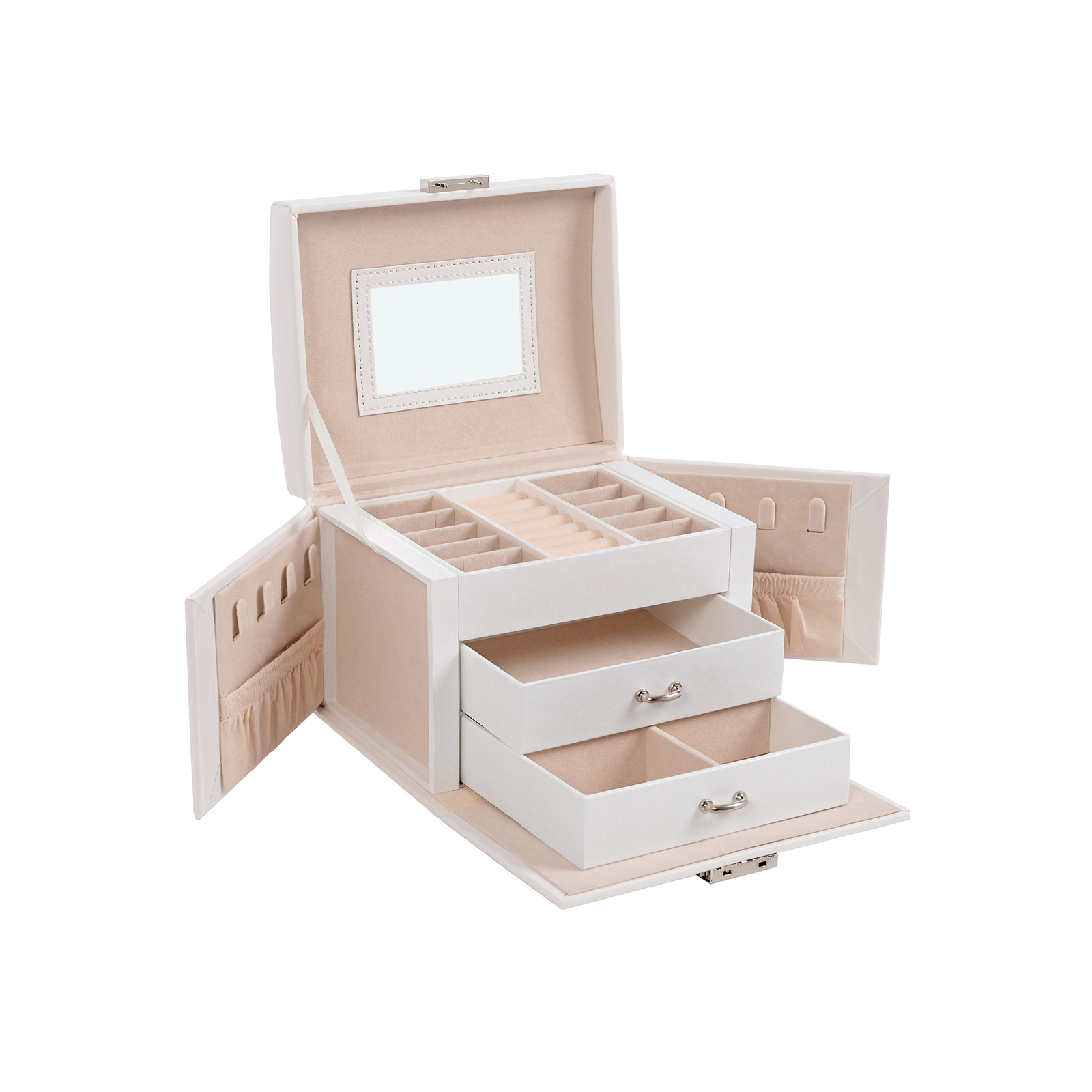 3-Tier Jewellery Box, Travel Jewellery Case with Handle, 2 Drawers, Lockable Jewellery Organiser with Mirror, Jewellery Storage, Modern Style, Gift for Loved Ones, White JBC154W01