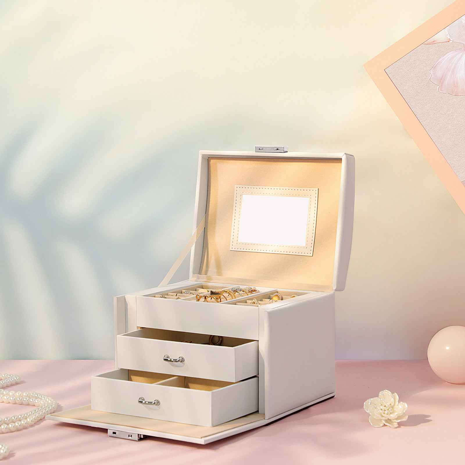 3-Tier Jewellery Box, Travel Jewellery Case with Handle, 2 Drawers, Lockable Jewellery Organiser with Mirror, Jewellery Storage, Modern Style, Gift for Loved Ones, White JBC154W01 - Image 3