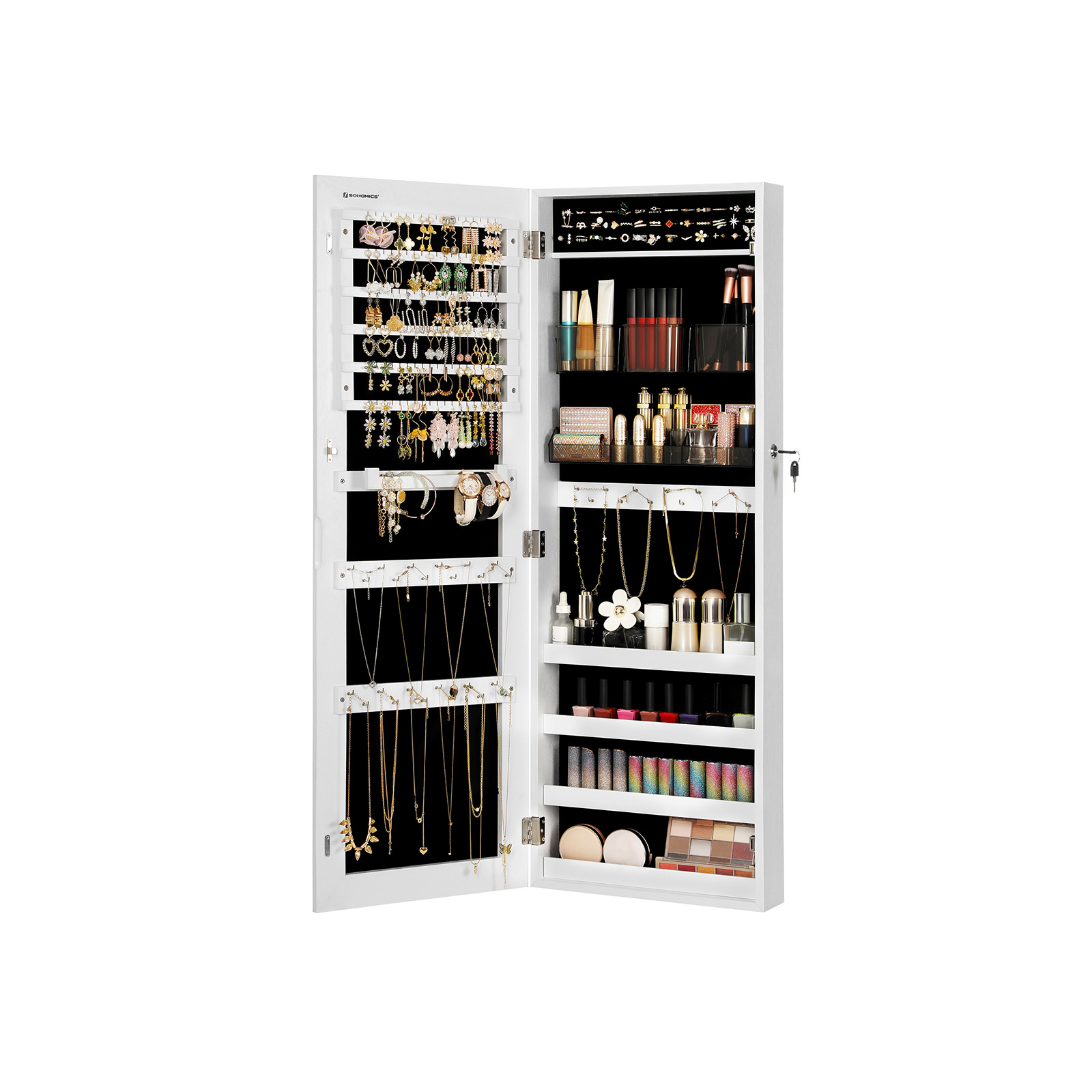 Jewellery Cabinet Armoire, Lockable Wall-Mounted Storage Organiser Unit with 2 Plastic Cosmetic Storage Trays, Full-Length Frameless Mirror, for Necklace Earring, White JJC001W01 - Image 2