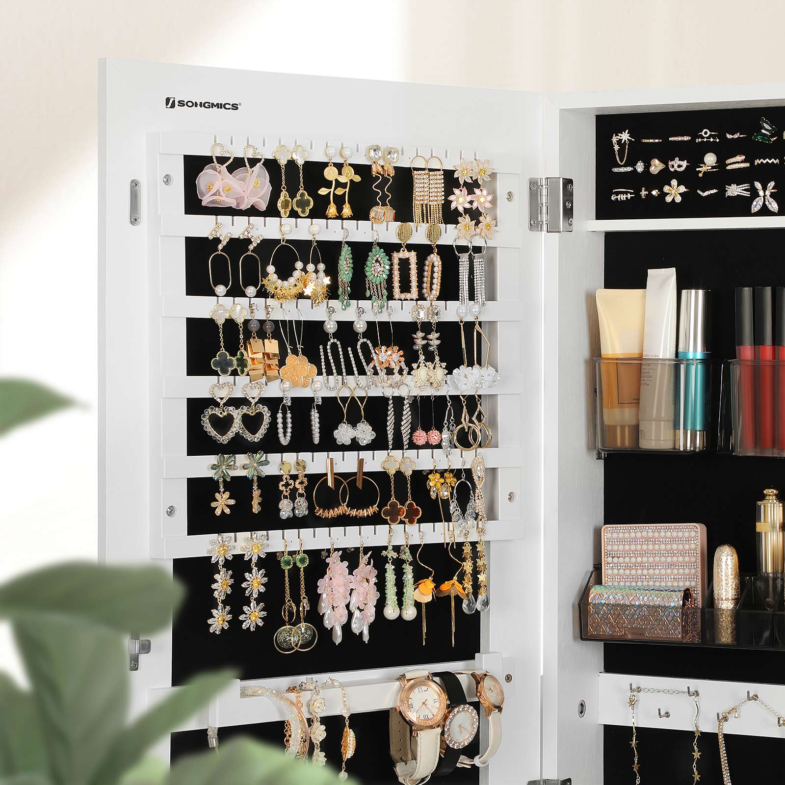 Jewellery Cabinet Armoire, Lockable Wall-Mounted Storage Organiser Unit with 2 Plastic Cosmetic Storage Trays, Full-Length Frameless Mirror, for Necklace Earring, White JJC001W01 - Image 5