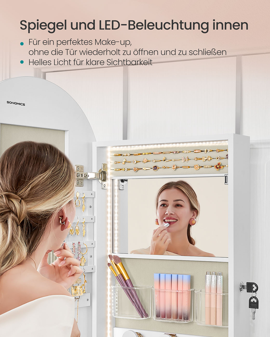 Jewellery cabinet with LED lighting and interior mirror cloud white - Image 6
