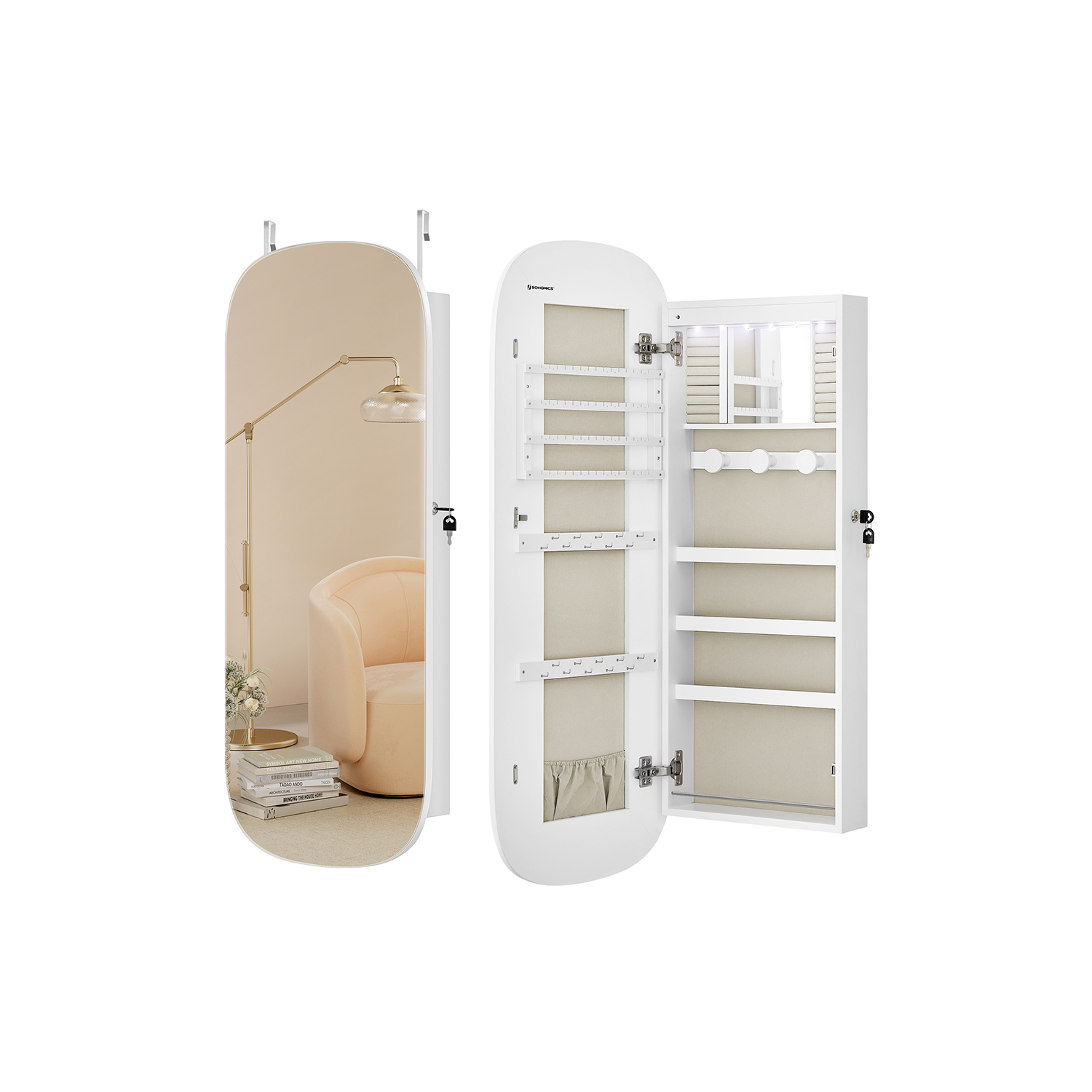Mirror with Storage, LED Mirror Jewellery Cabinet Wall/Door Mounted, Lockable Rounded Wide Mirror Cabinet, with Interior Mirror, 10 x 42 x 108 cm, White Surface with Greige Lining