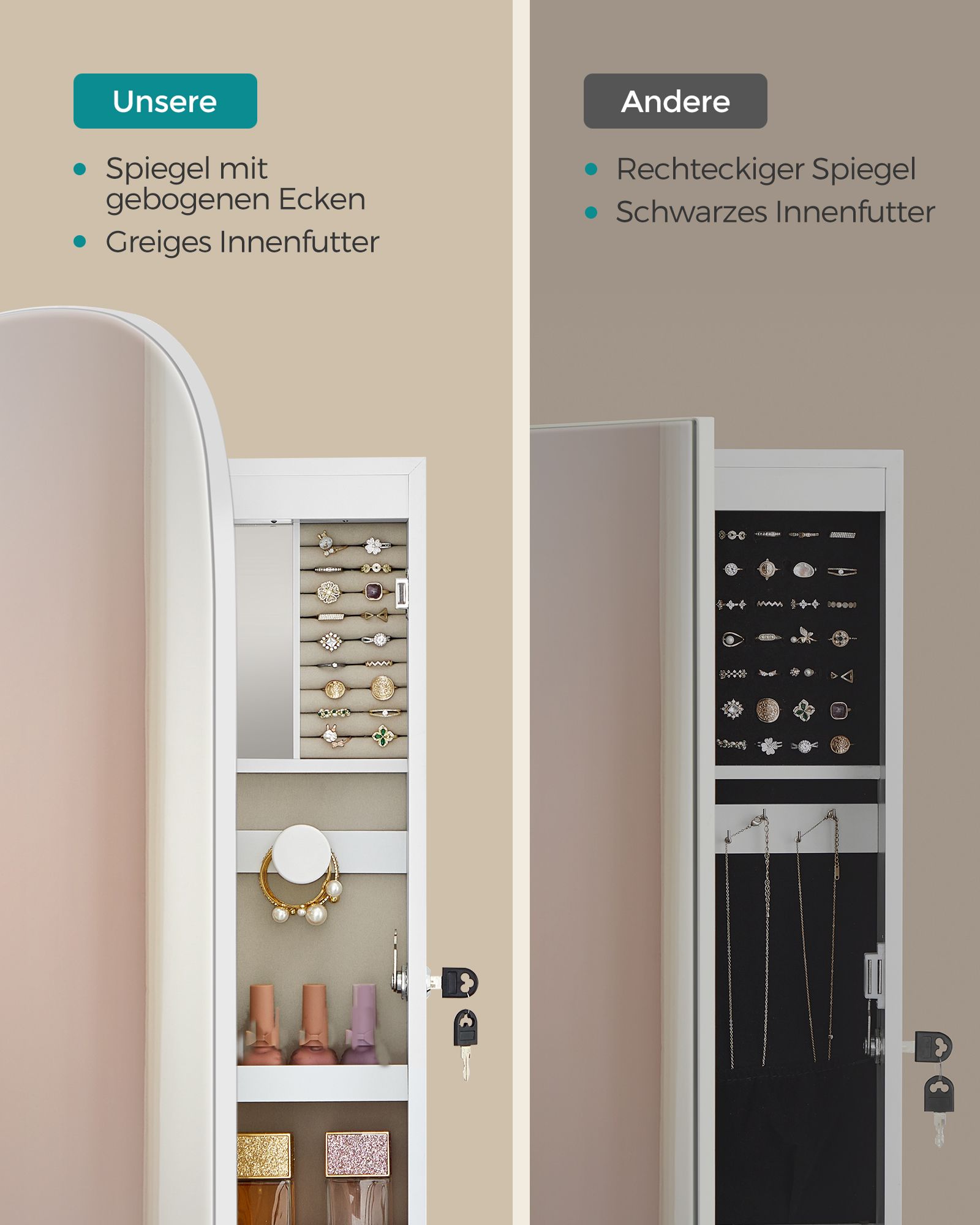 Mirror with Storage, LED Mirror Jewellery Cabinet Wall/Door Mounted, Lockable Rounded Wide Mirror Cabinet, with Interior Mirror, 10 x 42 x 108 cm, White Surface with Greige Lining - Image 4