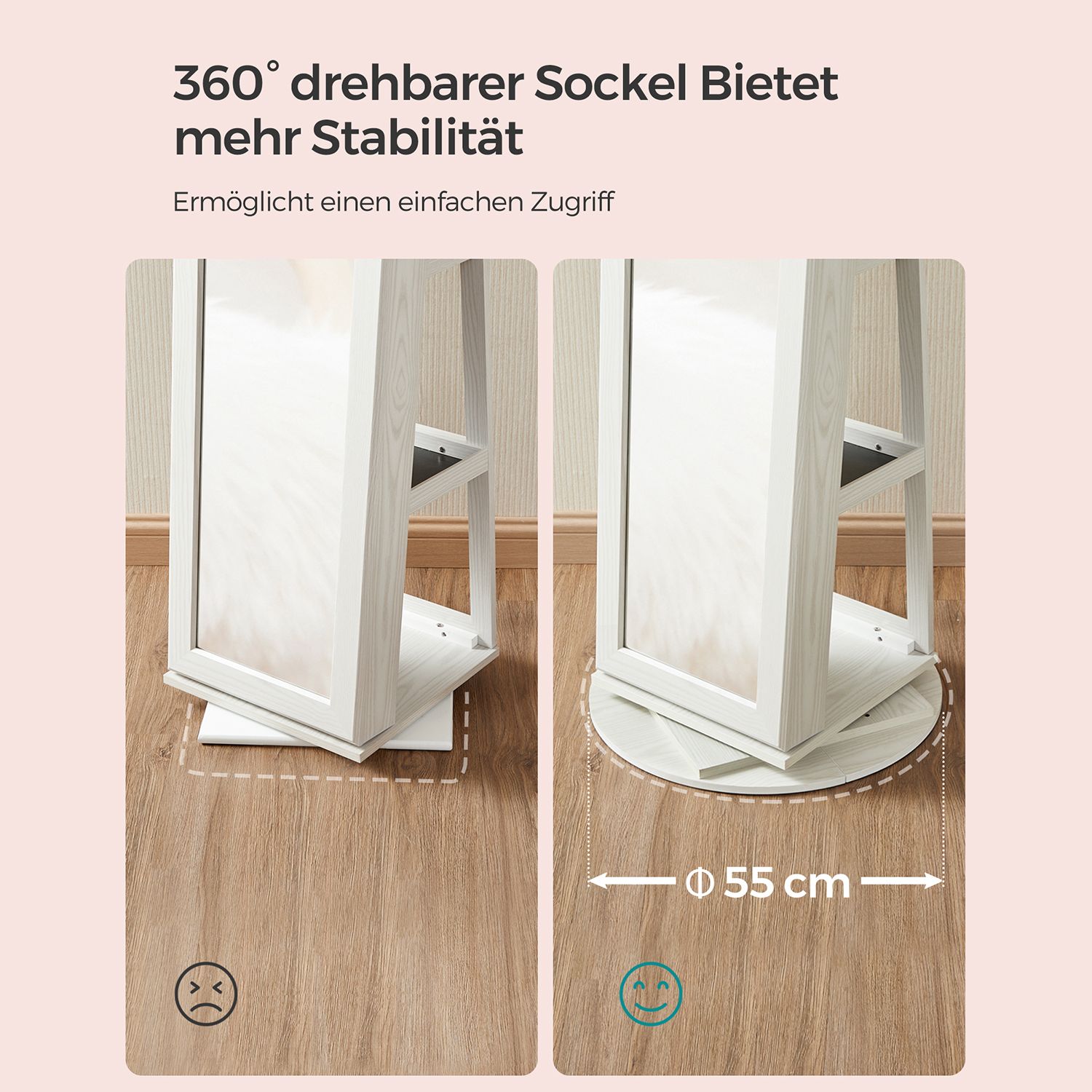 Fristående smyckeskåp, 360° vridbar smyckesorganisatör med spegel, hyllor, 3-i-1 låsbart smyckesskåp, kosmetikförvaringsskåp, vit med gråaktig träådring JBC62W - Bild 5