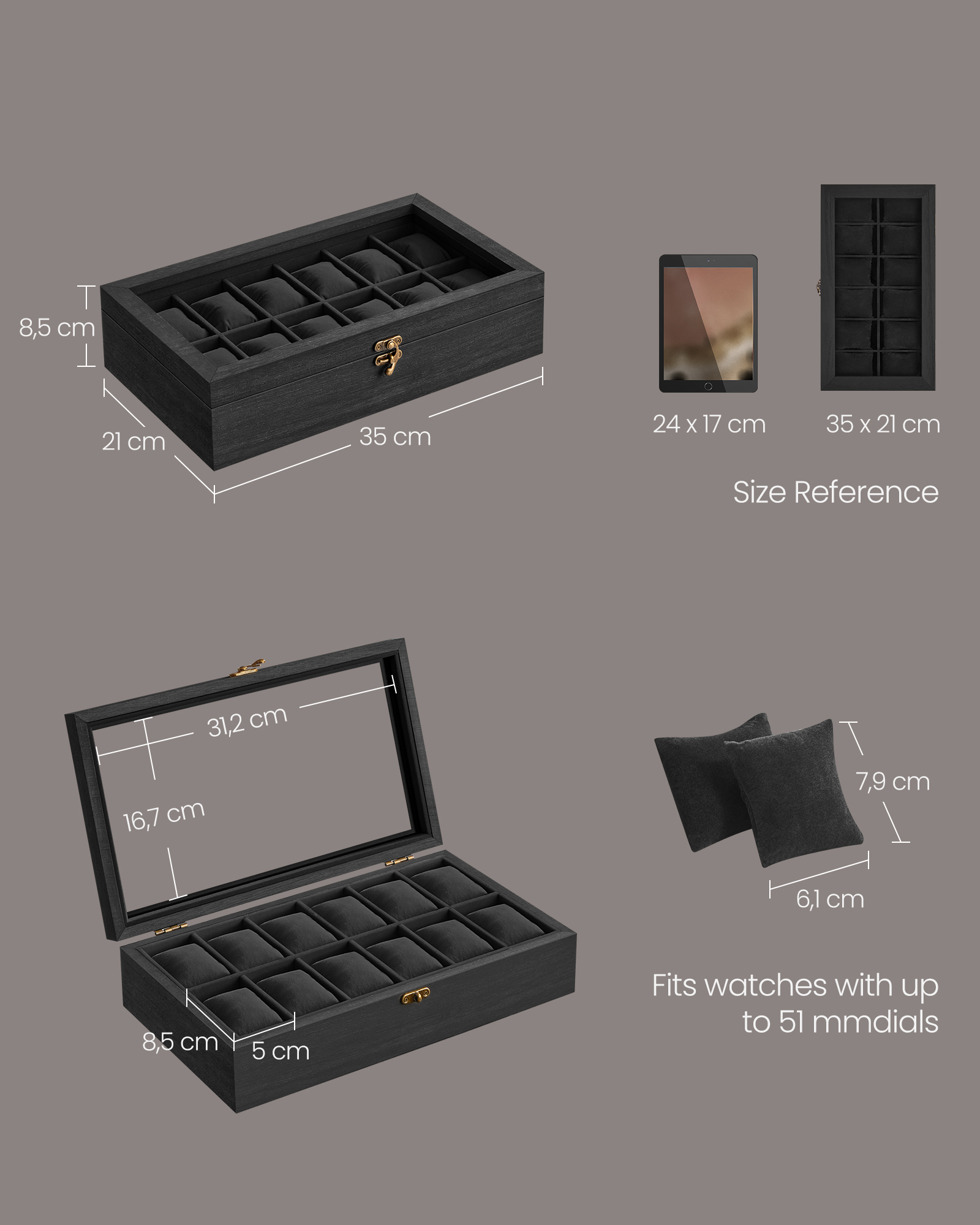 Watch box with 12 compartments 21 x 35 x 8.5 cm ink black - Image 5