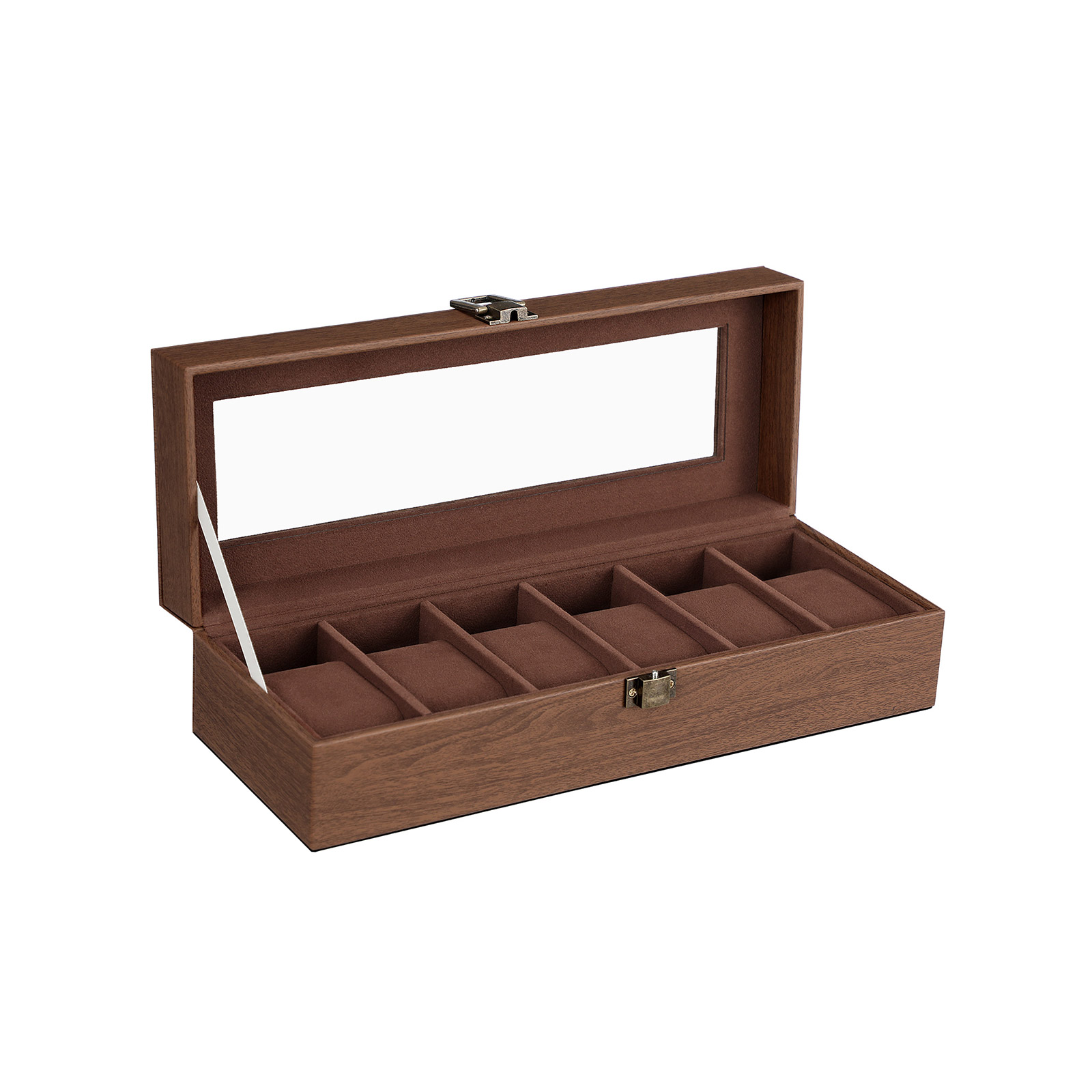 Urkasse med 6 rum, urkasse med glaslåg, fløjlspuder til ure, urholder med lås, 11,2 x 30 x 8 cm, gaveidé, brunt syntetisk læder, brun foring