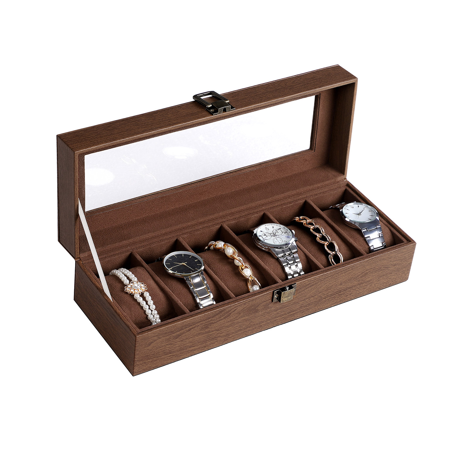 Urkasse med 6 rum, urkasse med glaslåg, fløjlspuder til ure, urholder med lås, 11,2 x 30 x 8 cm, gaveidé, brunt syntetisk læder, brun foring - Billede 2