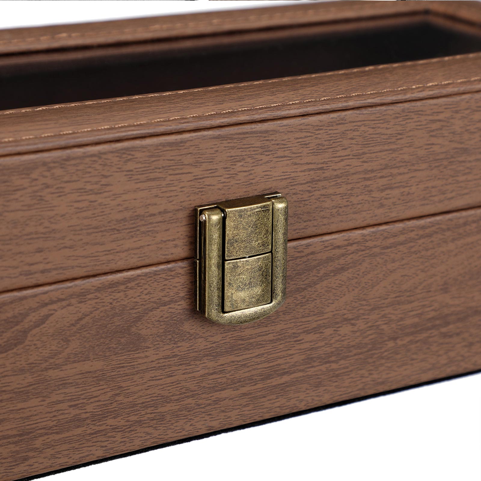 Urkasse med 6 rum, urkasse med glaslåg, fløjlspuder til ure, urholder med lås, 11,2 x 30 x 8 cm, gaveidé, brunt syntetisk læder, brun foring - Billede 5