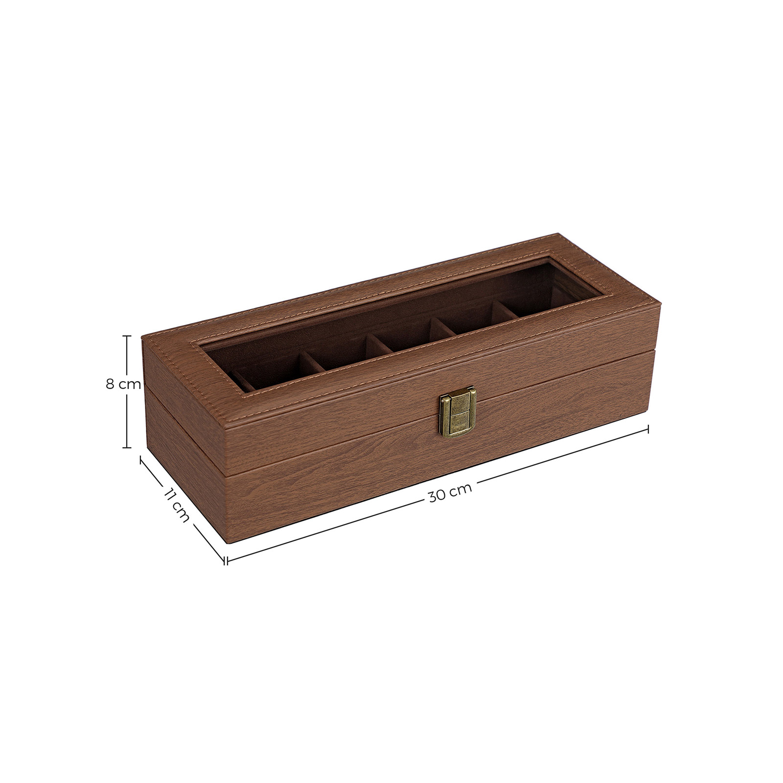 Urkasse med 6 rum, urkasse med glaslåg, fløjlspuder til ure, urholder med lås, 11,2 x 30 x 8 cm, gaveidé, brunt syntetisk læder, brun foring - Billede 6