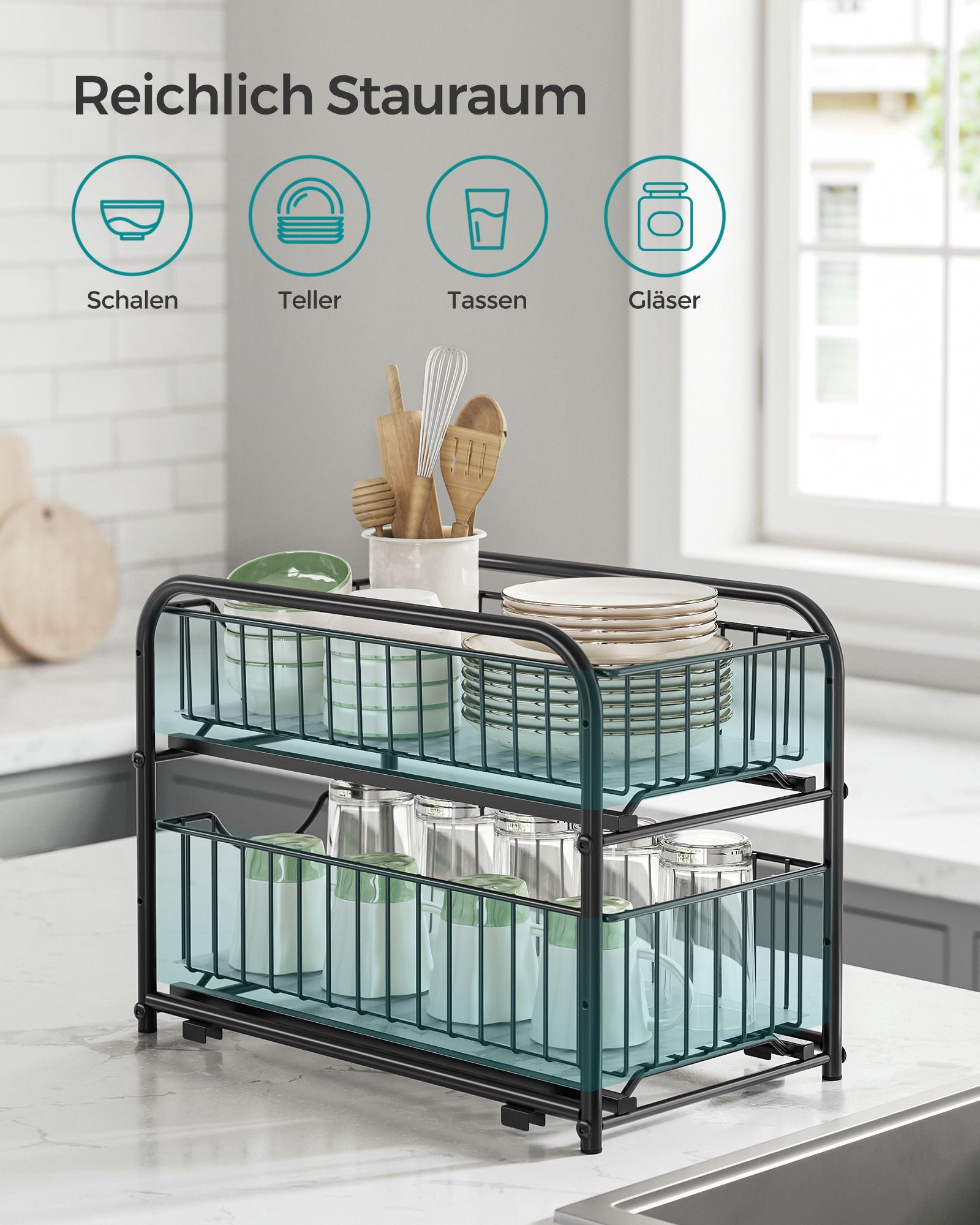 Cupboard Organiser, 2-Tier Under Sink Storage Organiser with Sliding Basket Drawers, Stackable Cabinet Organiser for Kitchen, Bathroom, Classic Black - Image 2