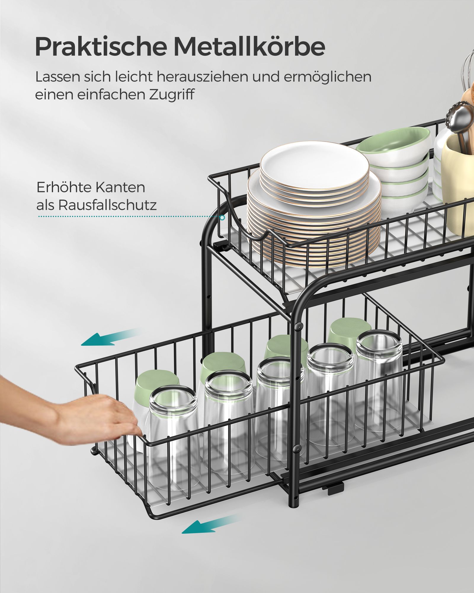 Cupboard Organiser, 2-Tier Under Sink Storage Organiser with Sliding Basket Drawers, Stackable Cabinet Organiser for Kitchen, Bathroom, Classic Black - Image 5