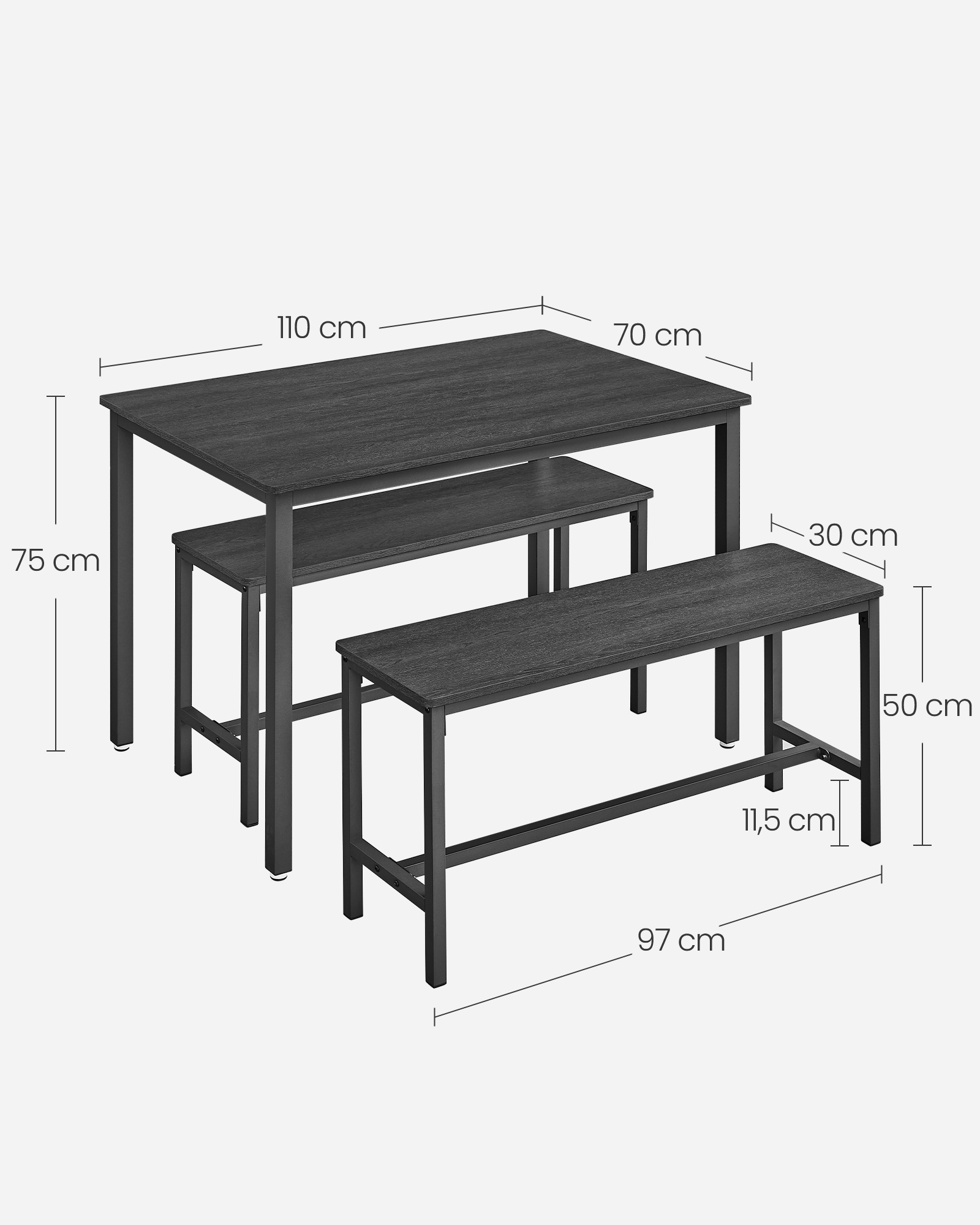Spisebord med 2 bænke, sæt med 3, køkkenbord 70 x 110 x 75 cm, 2 bænke hver 30 x 97 x 50 cm, stålstel, askesort blæk sort KDT070B21 - Billede 4