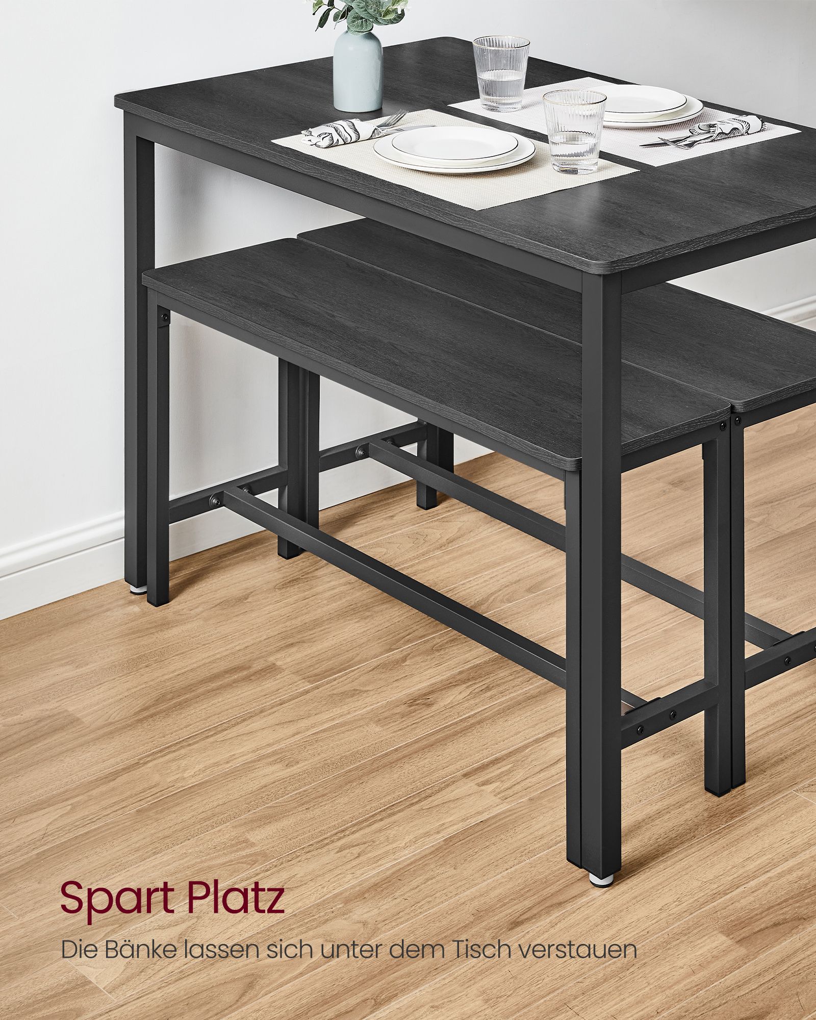Spisebord med 2 bænke, sæt med 3, køkkenbord 70 x 110 x 75 cm, 2 bænke hver 30 x 97 x 50 cm, stålstel, askesort blæk sort KDT070B21 - Billede 5