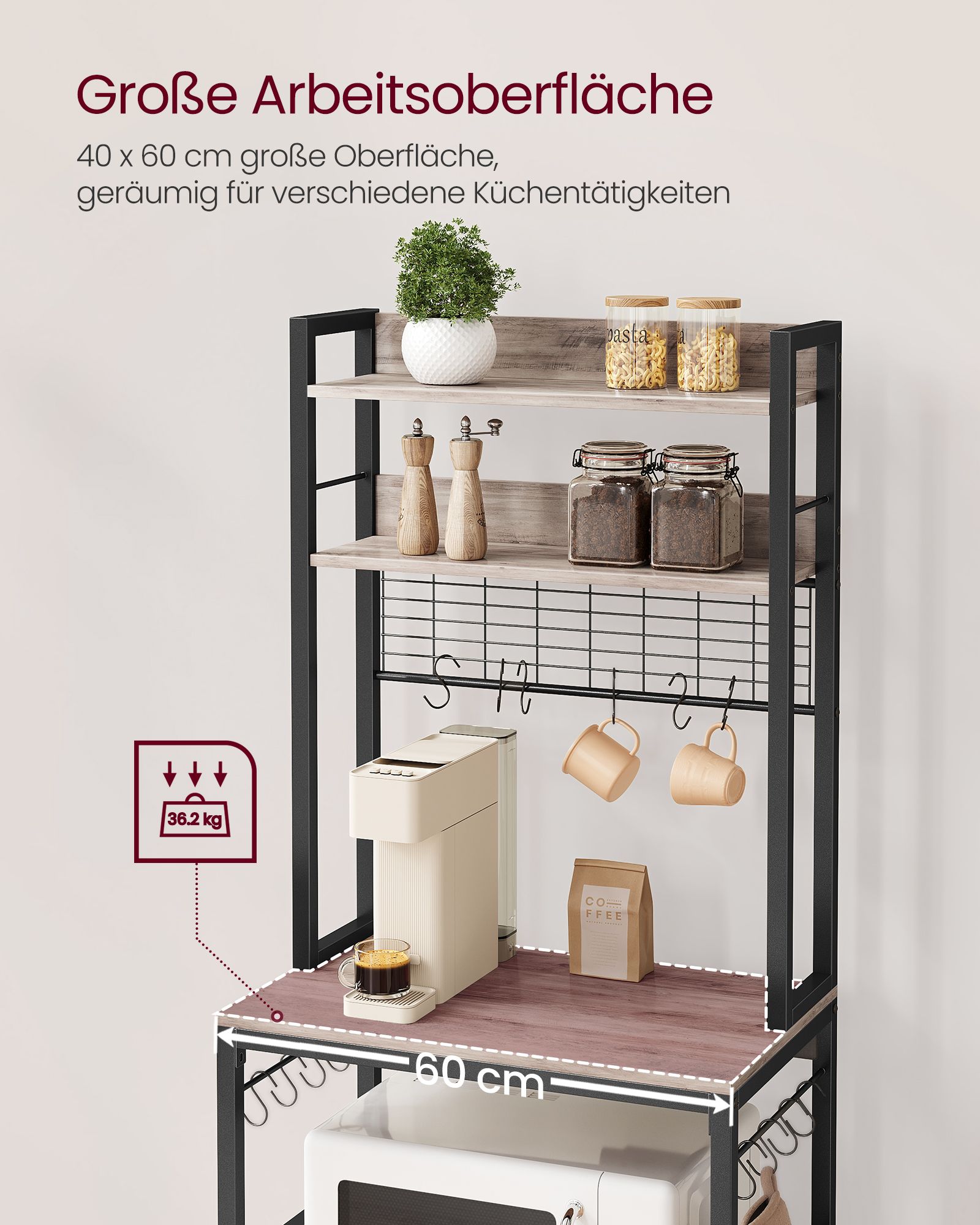 Stående hylde med stikkontakter 14 kroge grå-sort - Billede 5