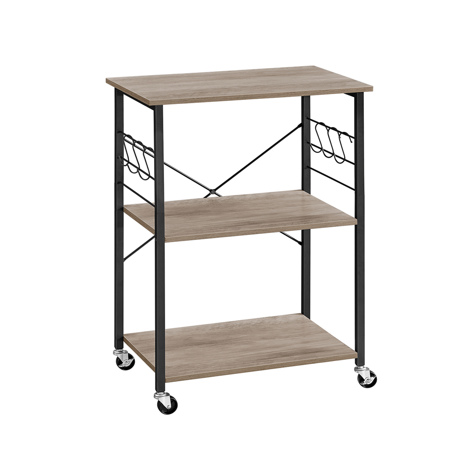 Kitchen shelf 3 levels on castors with 6 hooks Greige-black