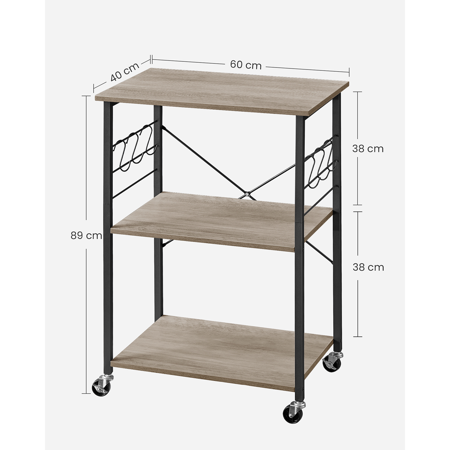 Kitchen shelf 3 levels on castors with 6 hooks Greige-black - Image 6