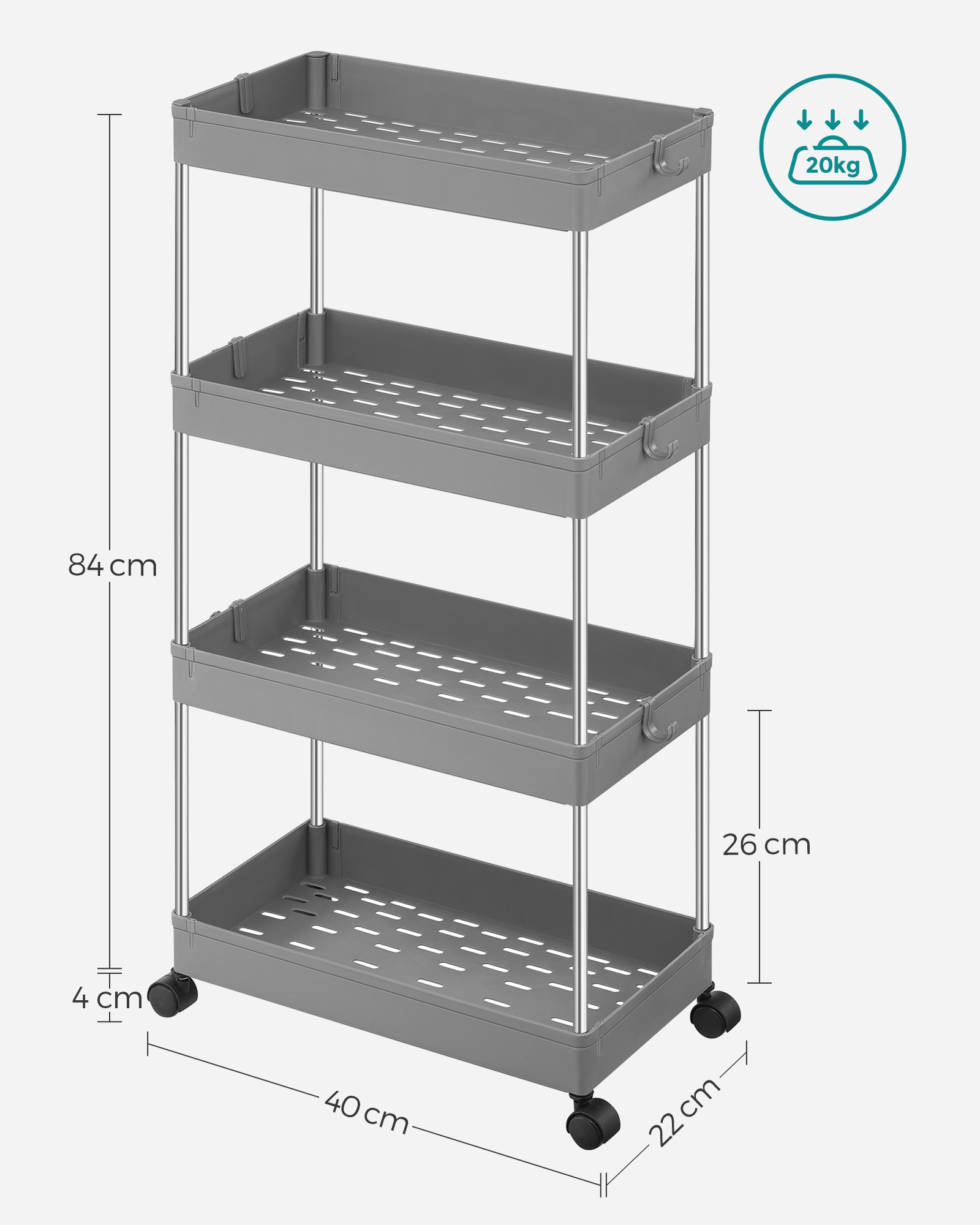 Trolley with 4 levels Grey - Image 5
