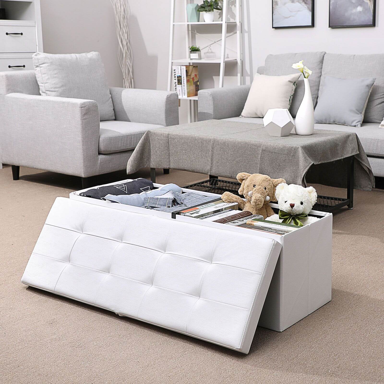 120L Folding Ottoman Bench Storage Box Storage Cube Flipping Lid Shoe Bench Footstool Load Capacity of 300 Kg White 110 x 38 x 38 cm - Image 3