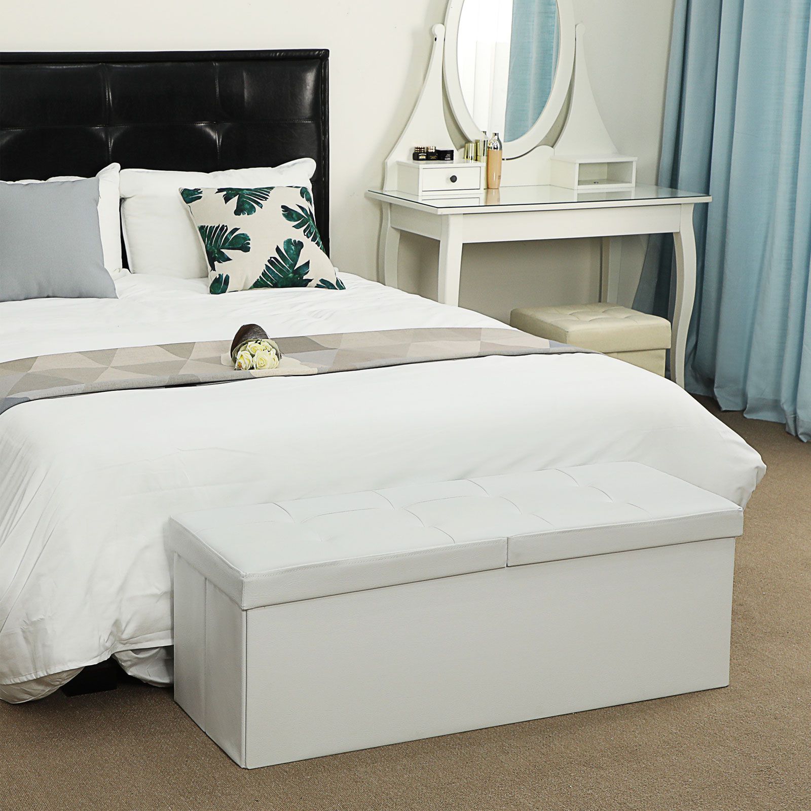120L Folding Ottoman Bench Storage Box Storage Cube Flipping Lid Shoe Bench Footstool Load Capacity of 300 Kg White 110 x 38 x 38 cm - Image 4