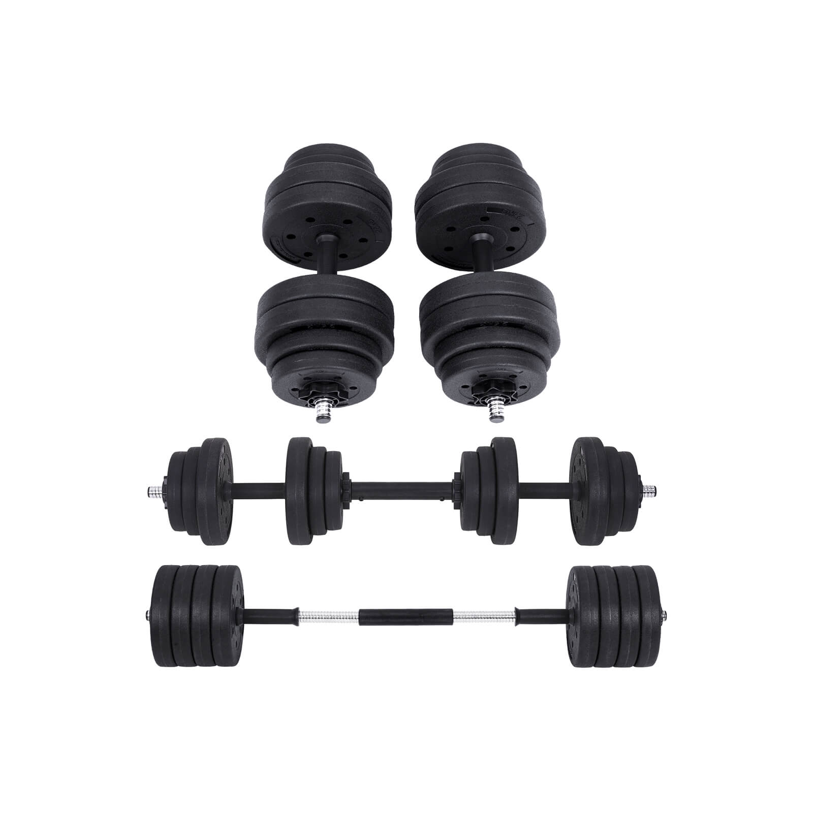 2-i-1-hantelset, 2 x 15 kg justerbara hantlar med extra skivstång, plastbelagda viktskivor, fitness, hemmagym, svart SYL30HBK