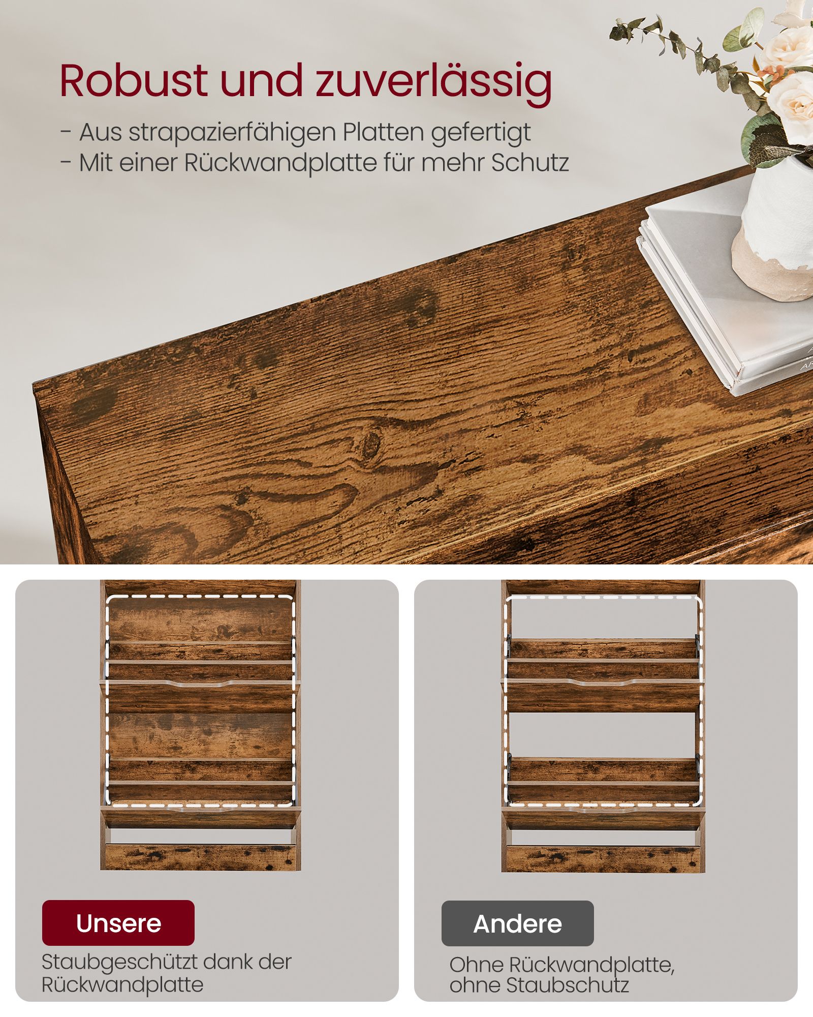 Skoskab med 2 klapdøre, 3-etagers skoreol, med 1 åbent rum, justerbar og aftagelig skillevæg, til 11-16 par sko, til smal indgang, 24 x 80 x 102 cm, rustik brun LBC048B01 - Billede 6