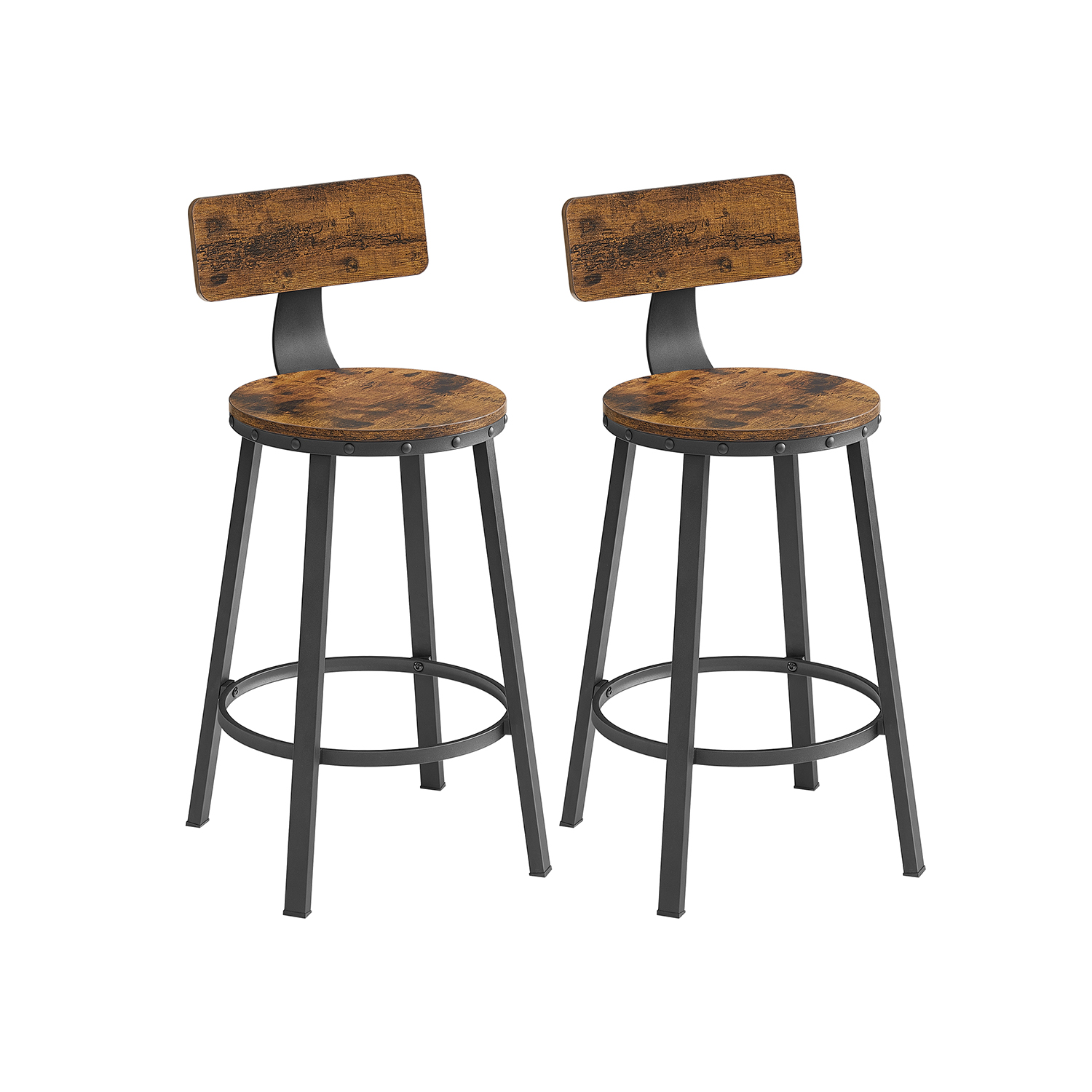 Bar Stools, Kitchen Stools, Set of 2 Tall Bar Chairs with Backrest, Steel Frame, 62.5 cm High Seat, Easy Assembly, Industrial, Rustic Brown and Black LBC076B01
