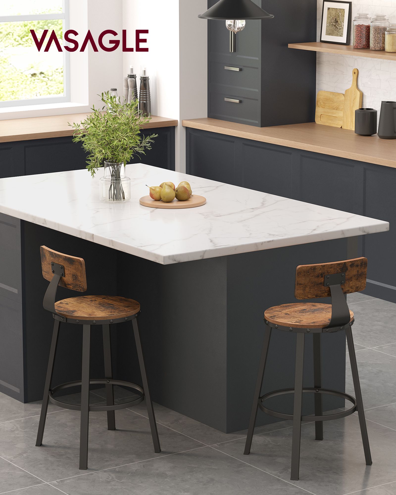 Bar Stools, Kitchen Stools, Set of 2 Tall Bar Chairs with Backrest, Steel Frame, 62.5 cm High Seat, Easy Assembly, Industrial, Rustic Brown and Black LBC076B01 - Image 2