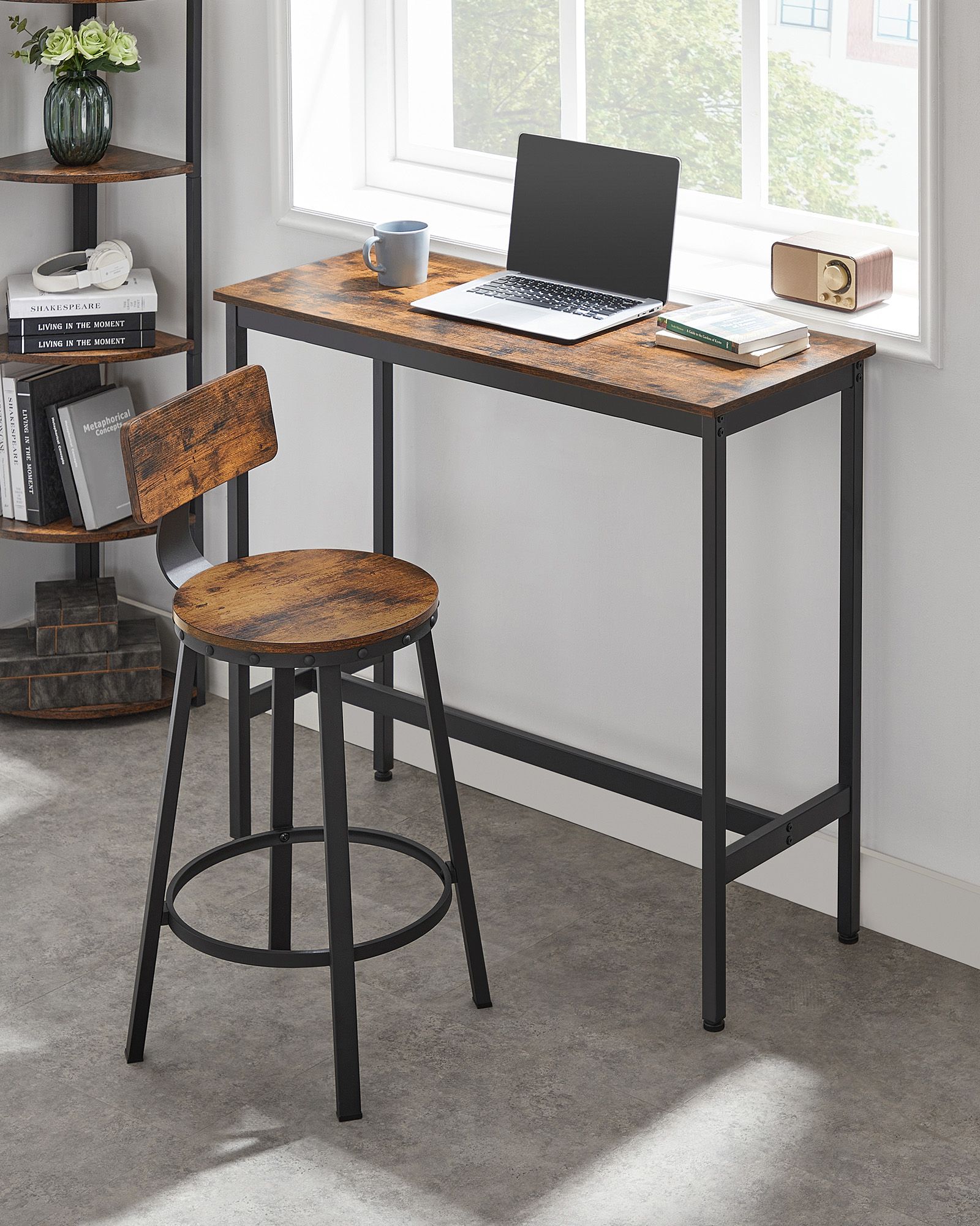 Bar Stools, Kitchen Stools, Set of 2 Tall Bar Chairs with Backrest, Steel Frame, 62.5 cm High Seat, Easy Assembly, Industrial, Rustic Brown and Black LBC076B01 - Image 3