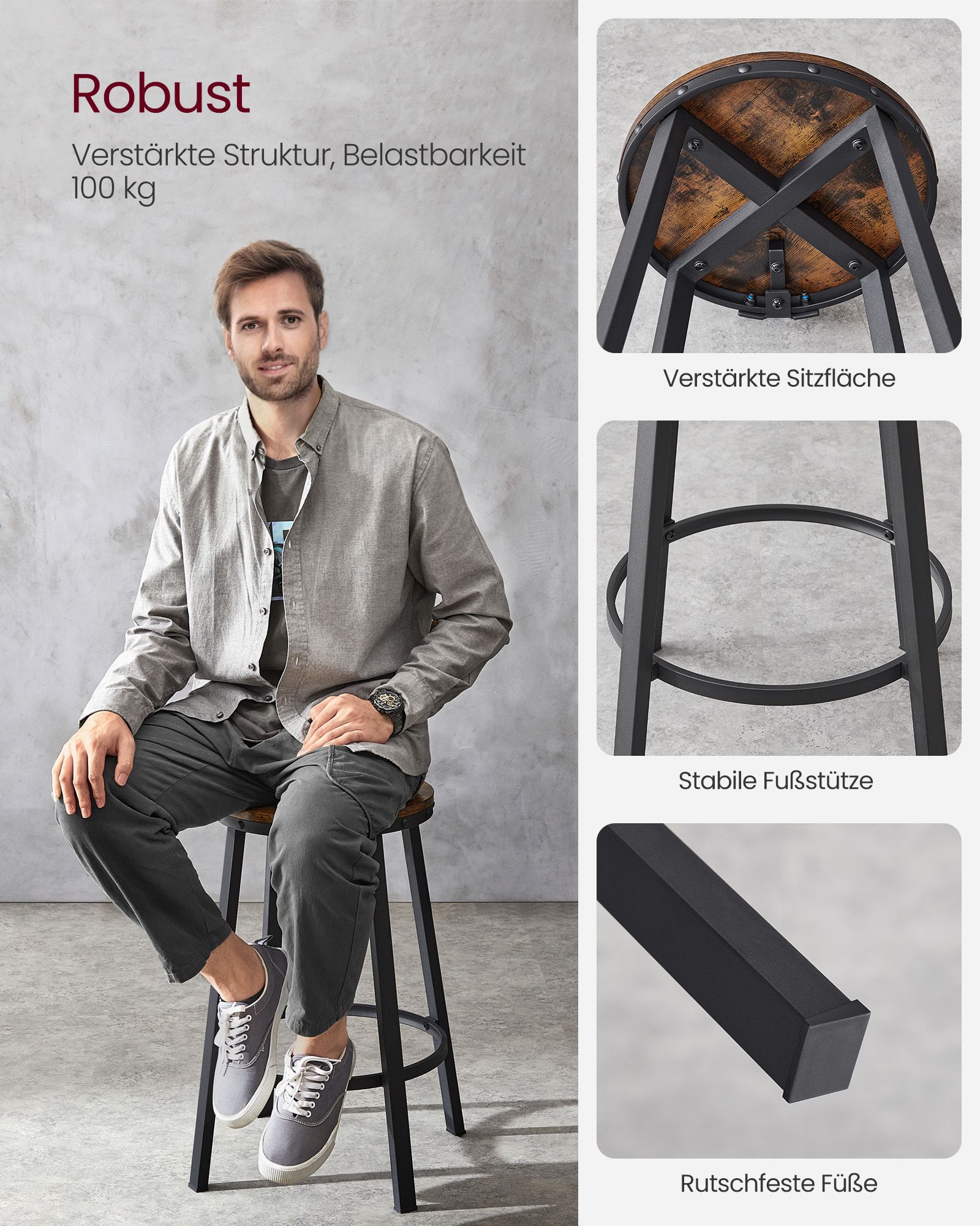 Bar Stools, Kitchen Stools, Set of 2 Tall Bar Chairs with Backrest, Steel Frame, 62.5 cm High Seat, Easy Assembly, Industrial, Rustic Brown and Black LBC076B01 - Image 4