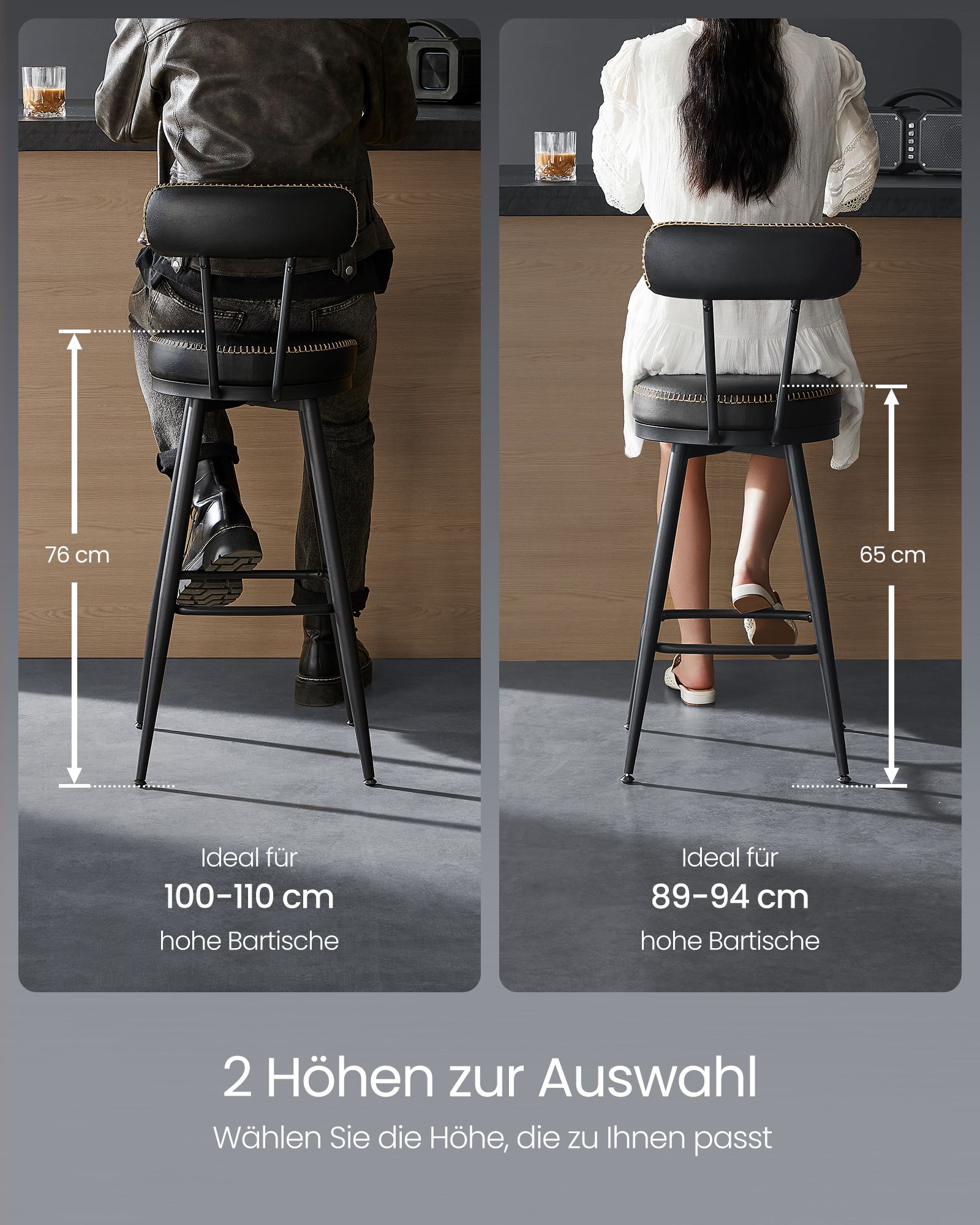 Barstol set om 2, EKHO Collection, 54x54 cm, svart läderimitation - Bild 2