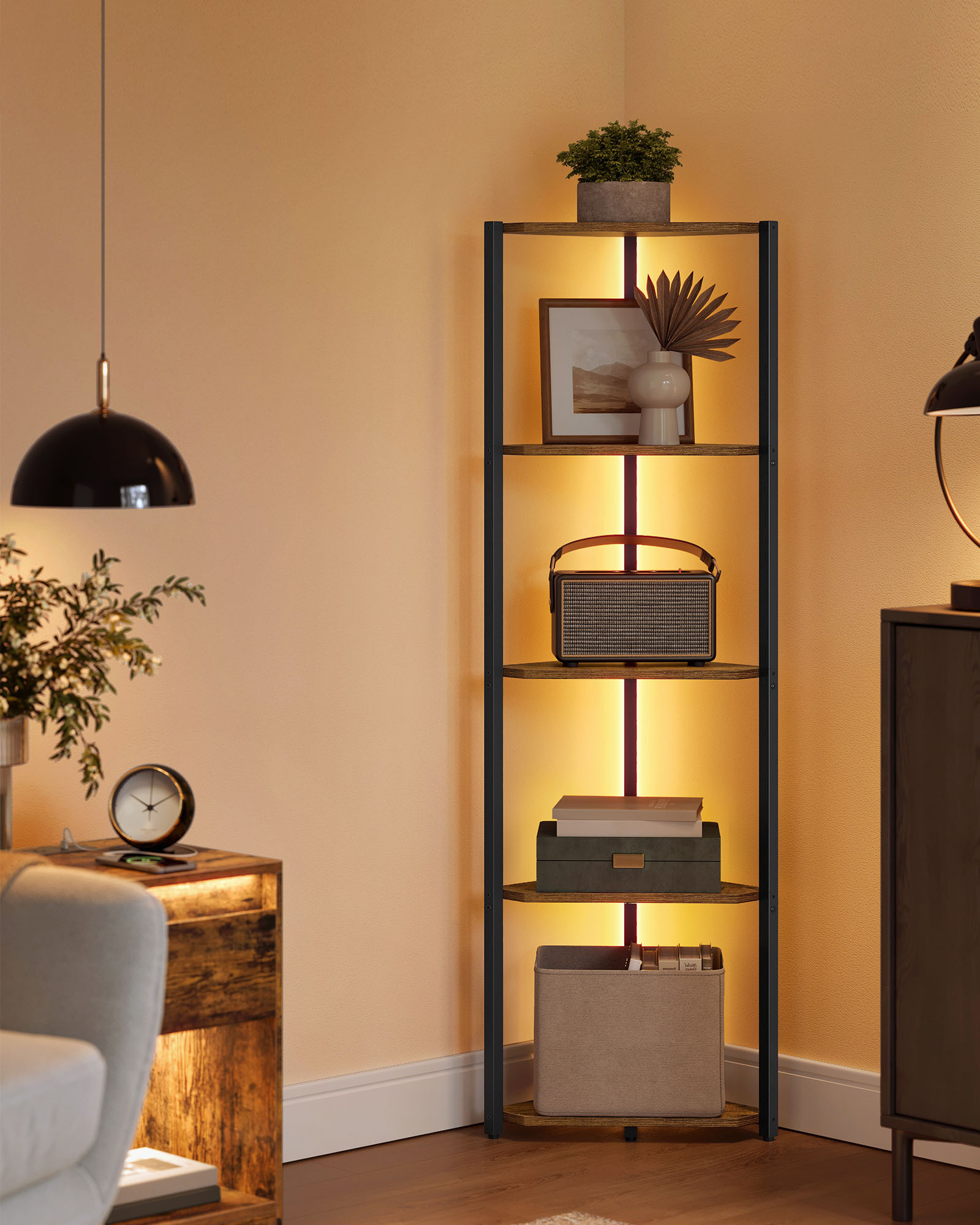 Hjørnehylde med 5 niveauer og LED-belysning vintage brown - Billede 2