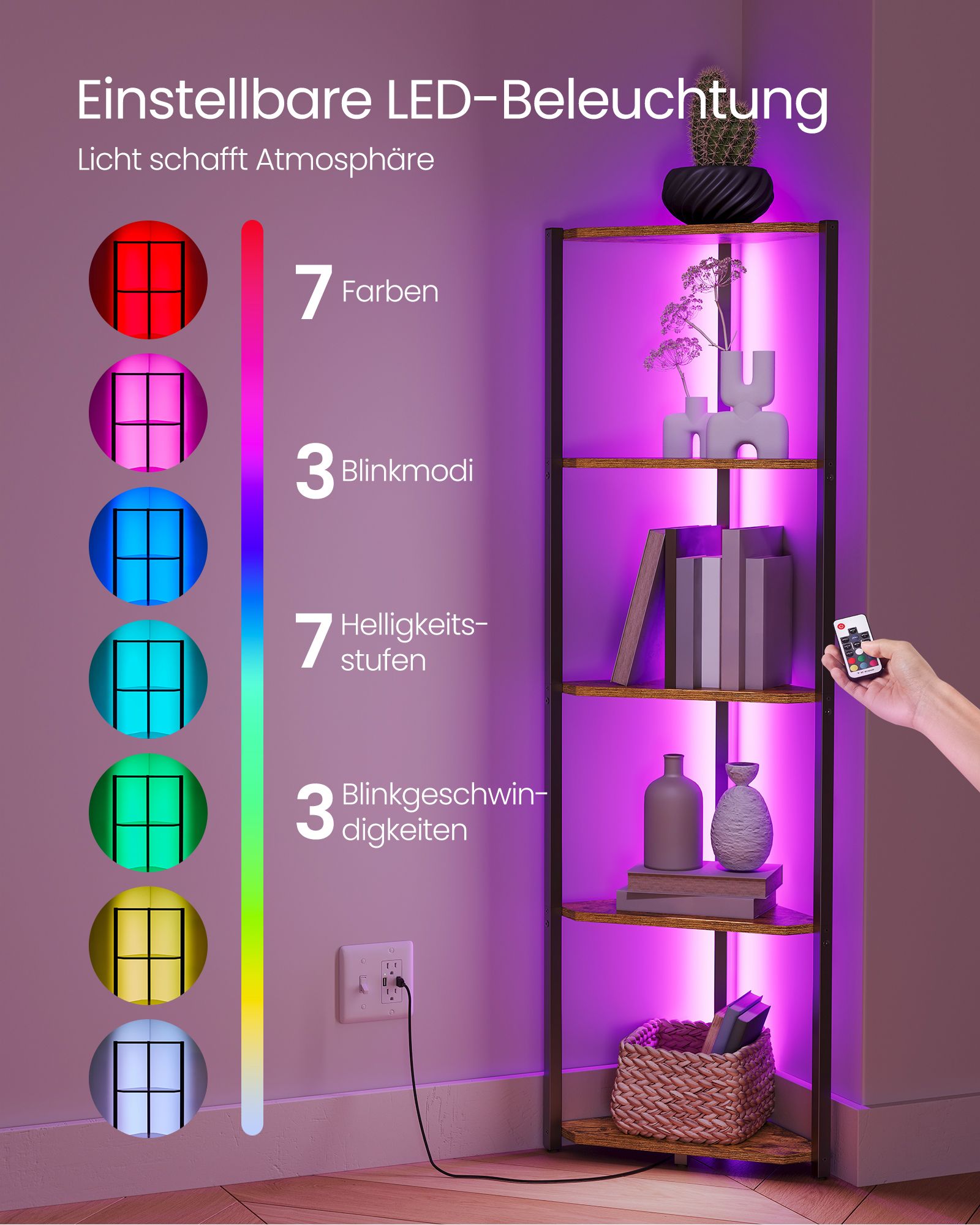 Hjørnehylde med 5 niveauer og LED-belysning vintage brown - Billede 3