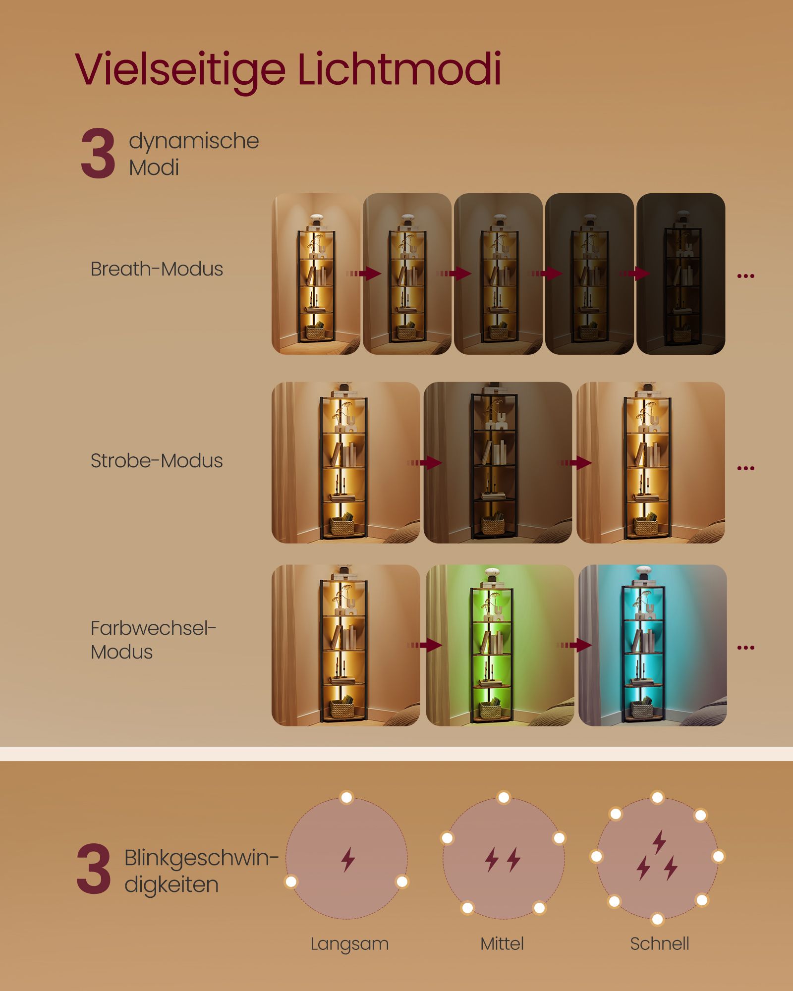 Hjørnehylde med 5 niveauer og LED-belysning vintage brown - Billede 4